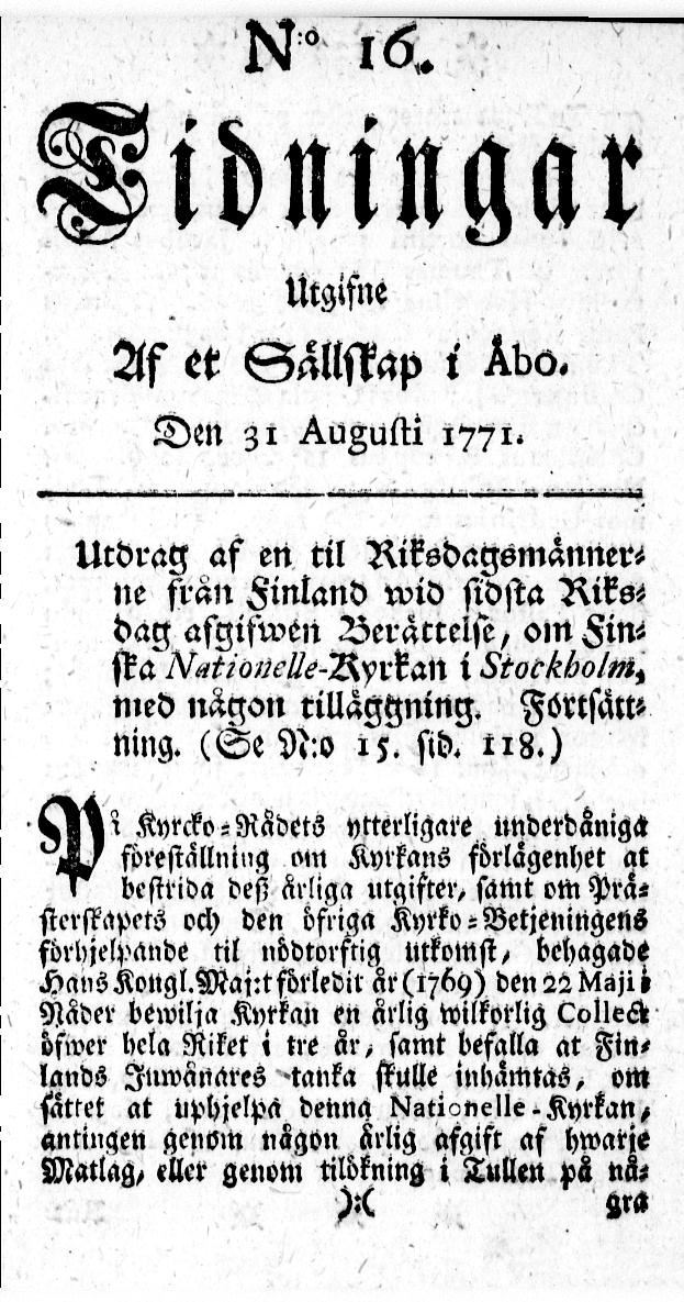 Tidningssida ur TIDNINGAR UTGIFNE AF ET SÄLLSKAP I ÅBO, 1771-08-31