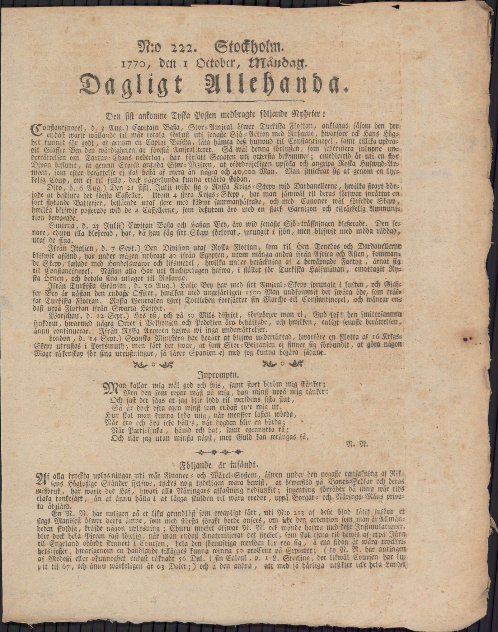Tidningssida ur DAGLIGT ALLEHANDA, 1770-10-01