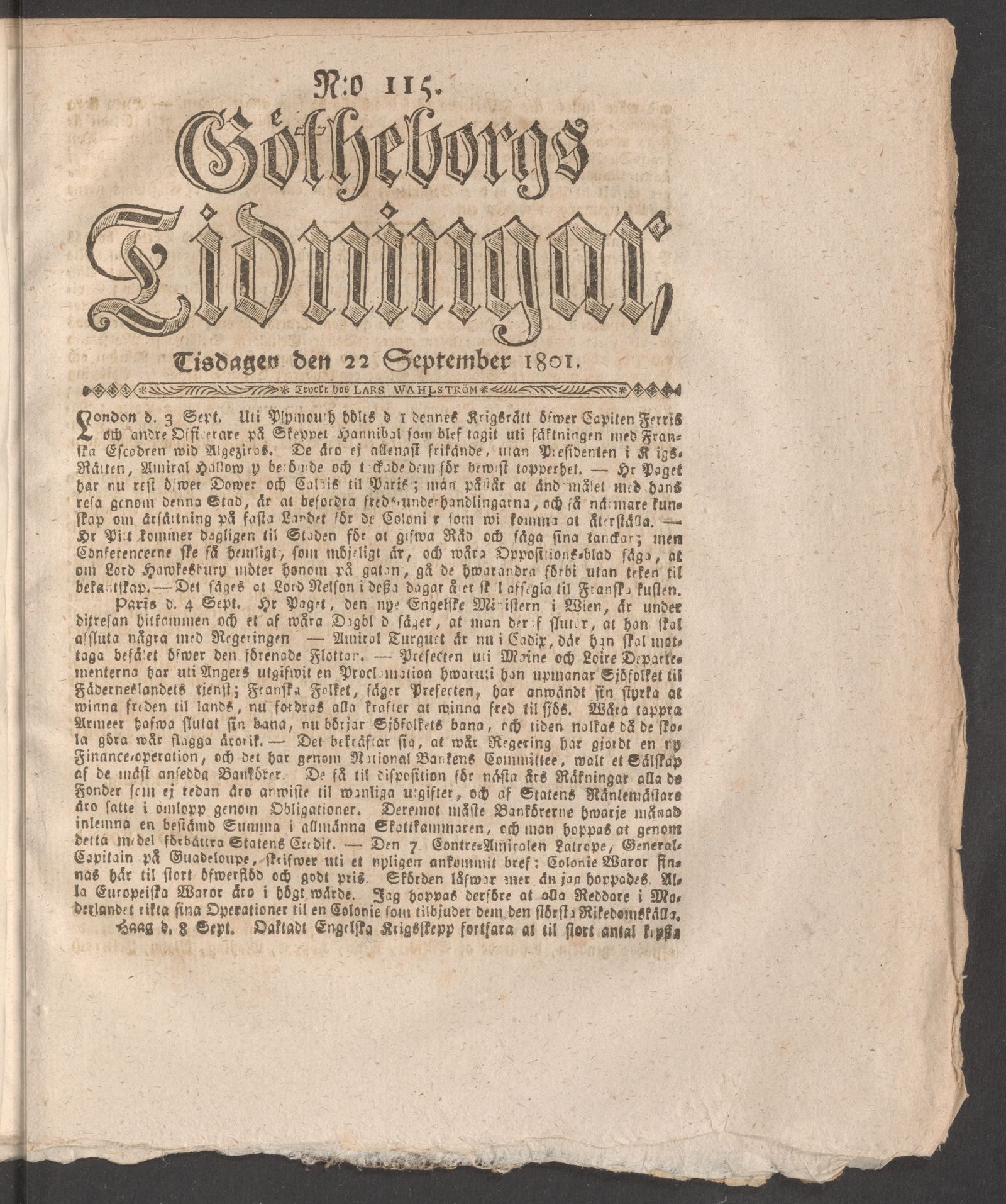 Tidningssida ur GÖTHEBORGS TIDNINGAR, 1801-09-22