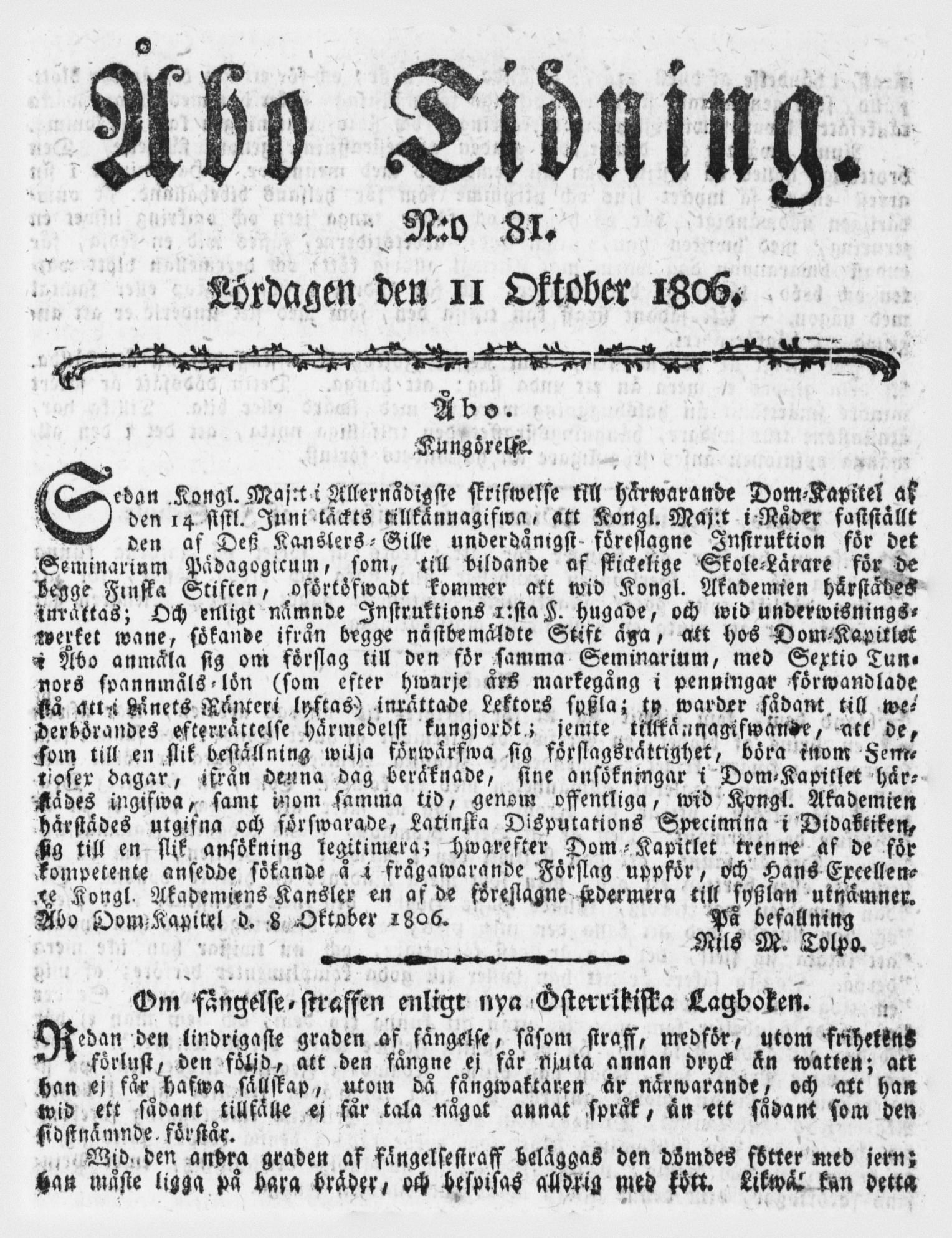 Tidningssida ur ÅBO TIDNING, 1806-10-11