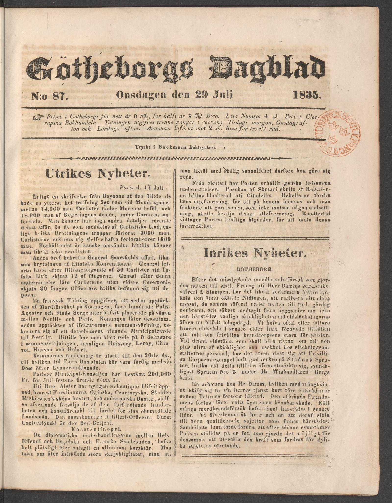 Tidningssida ur GÖTHEBORGS DAGBLAD, 1835-07-29