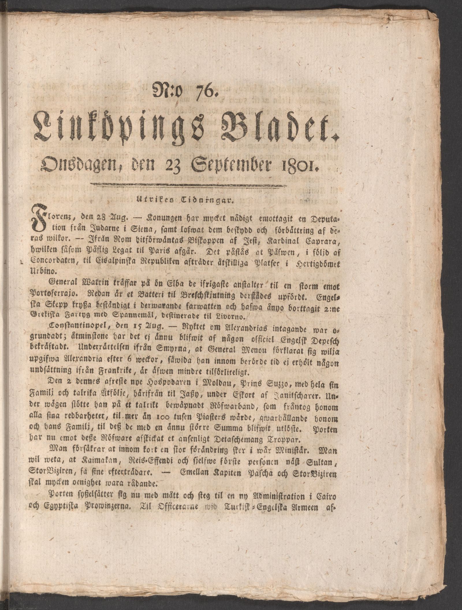 Tidningssida ur LINKÖPINGSBLADET, 1801-09-23
