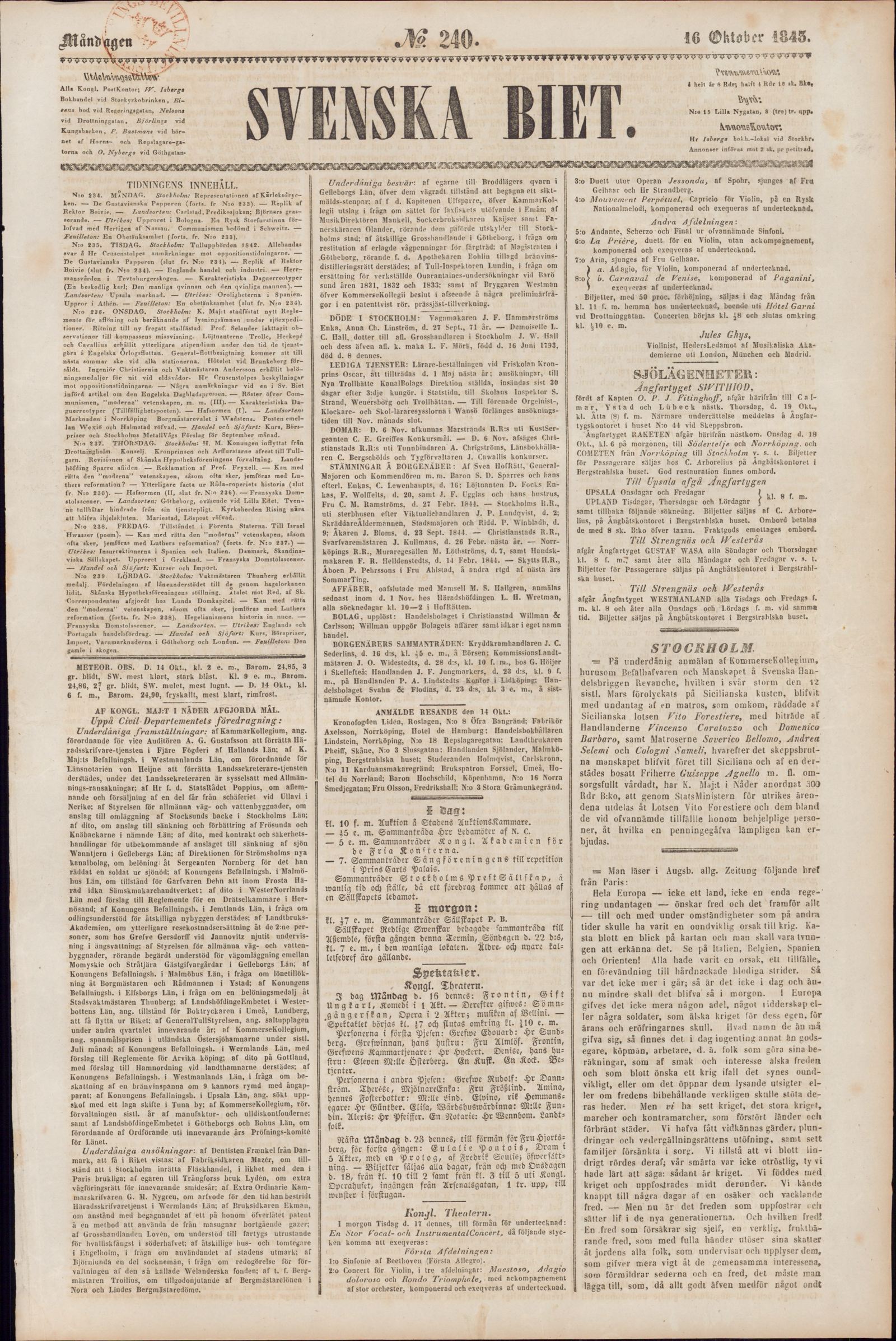Tidningssida ur SVENSKA BIET, 1843-10-16