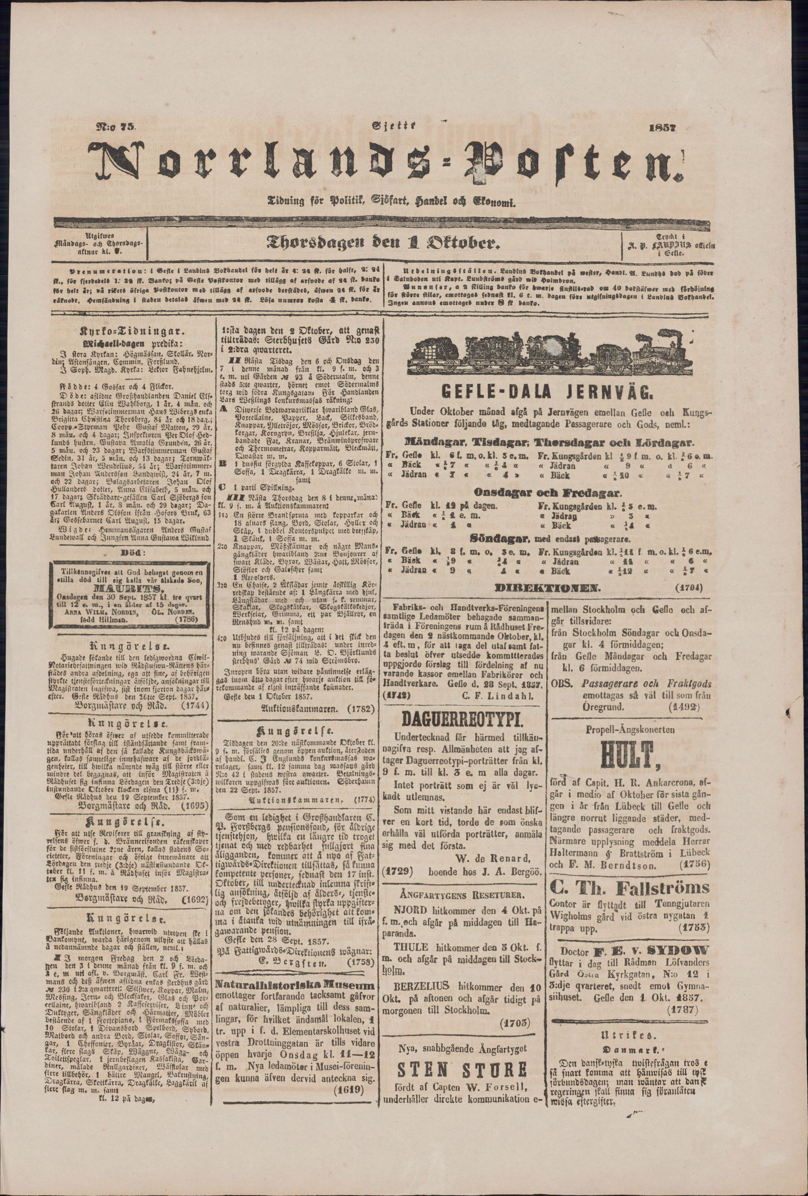 Tidningssida ur NORRLANDSPOSTEN, 1857-10-01