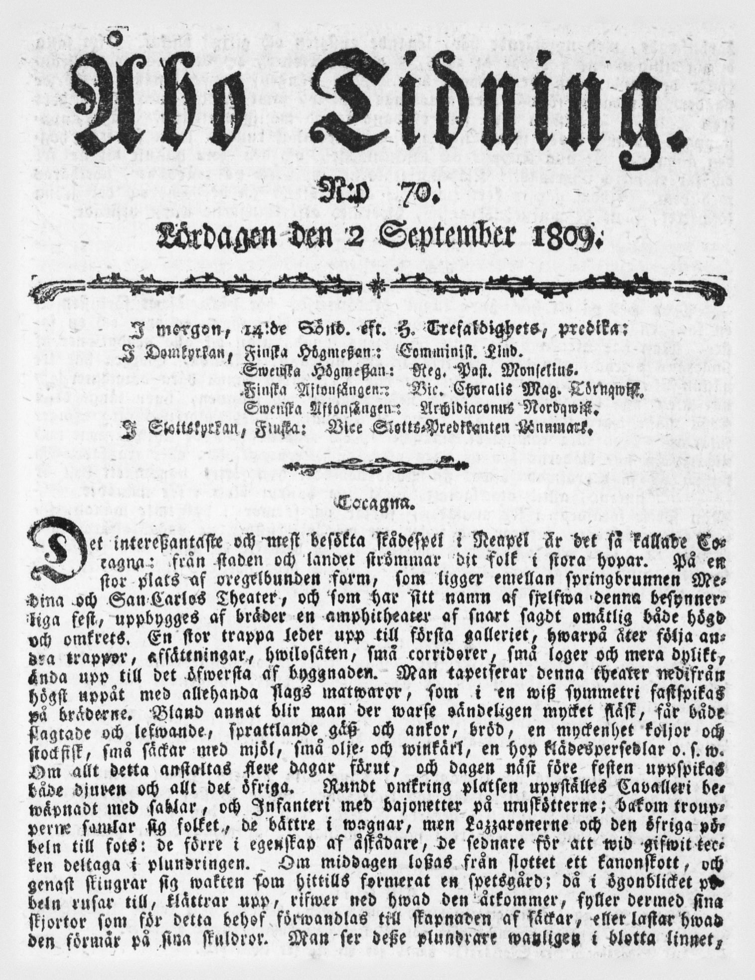 Tidningssida ur ÅBO TIDNING, 1809-09-02