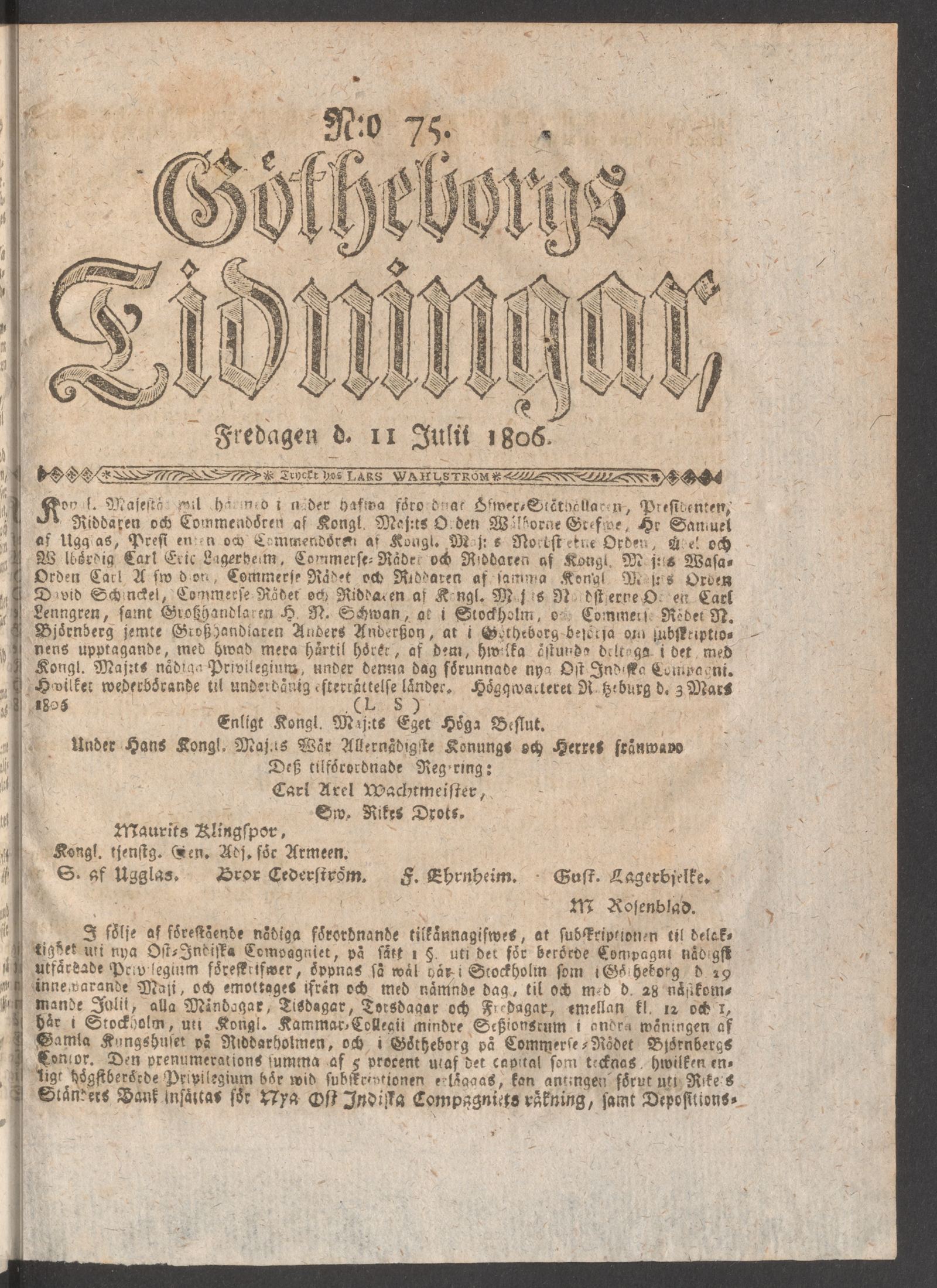 Tidningssida ur GÖTHEBORGS TIDNINGAR, 1806-07-11