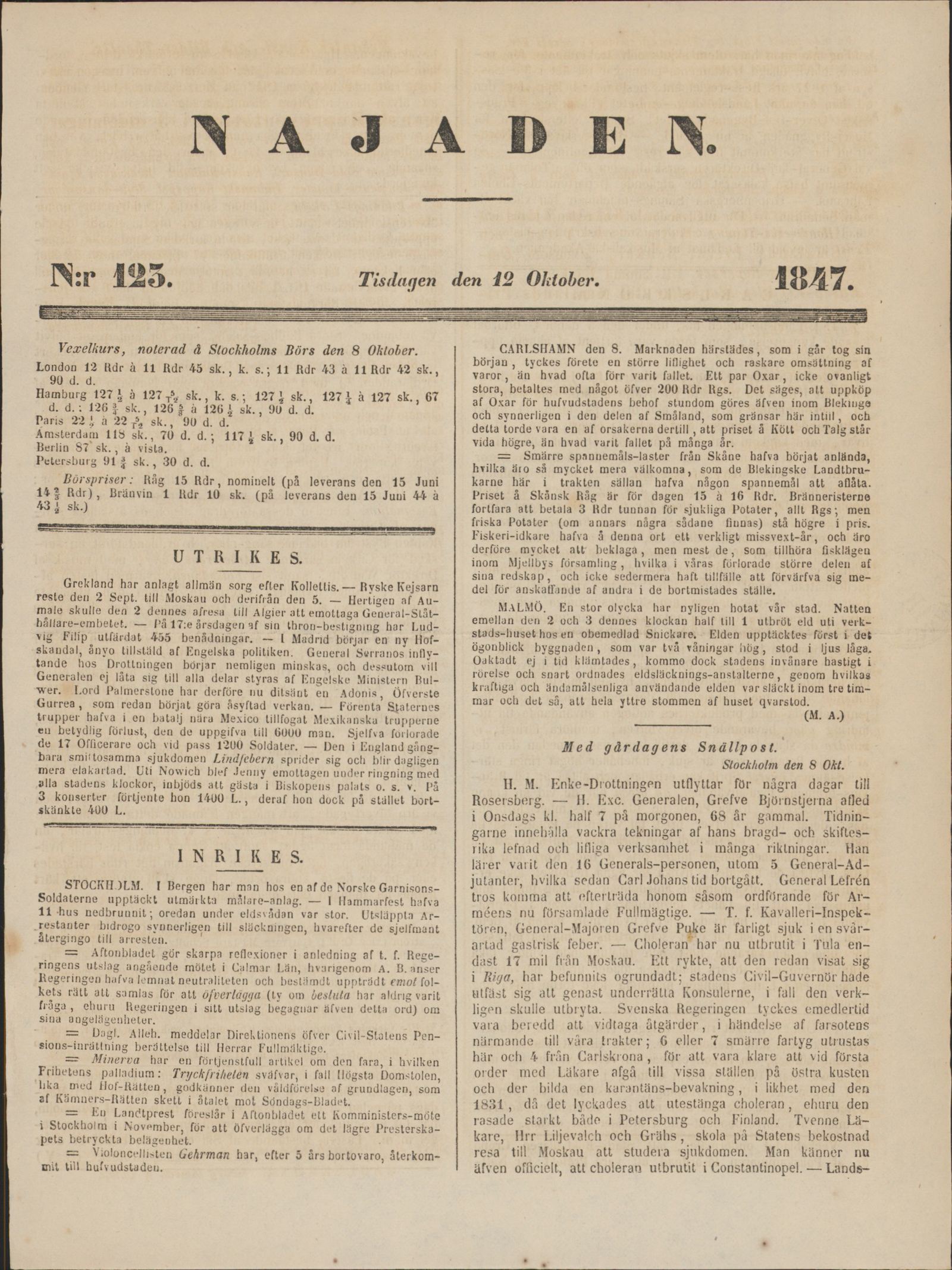 Tidningssida ur NAJADEN, 1847-10-12