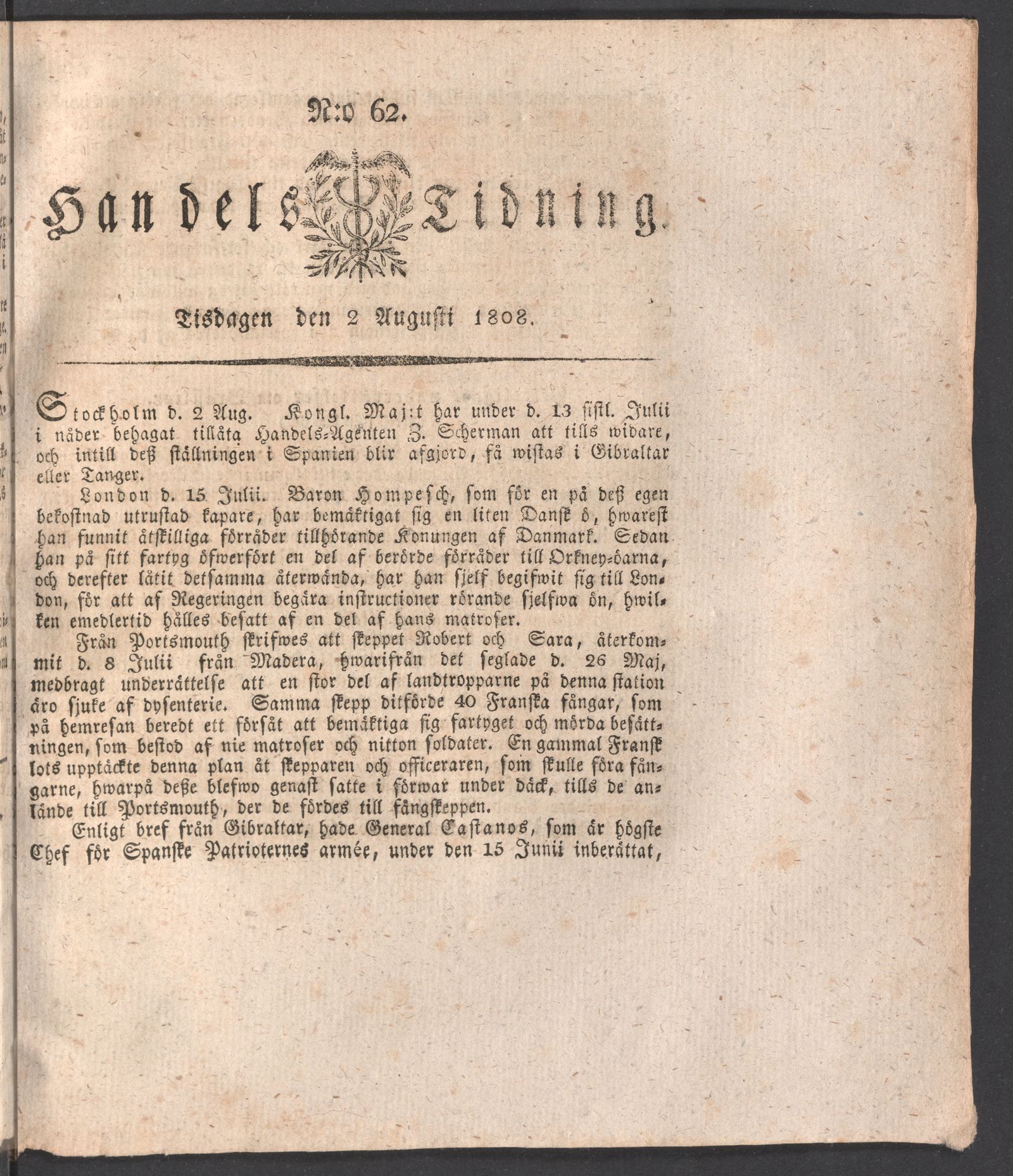 Tidningssida ur HANDELS TIDNING, 1808-08-02