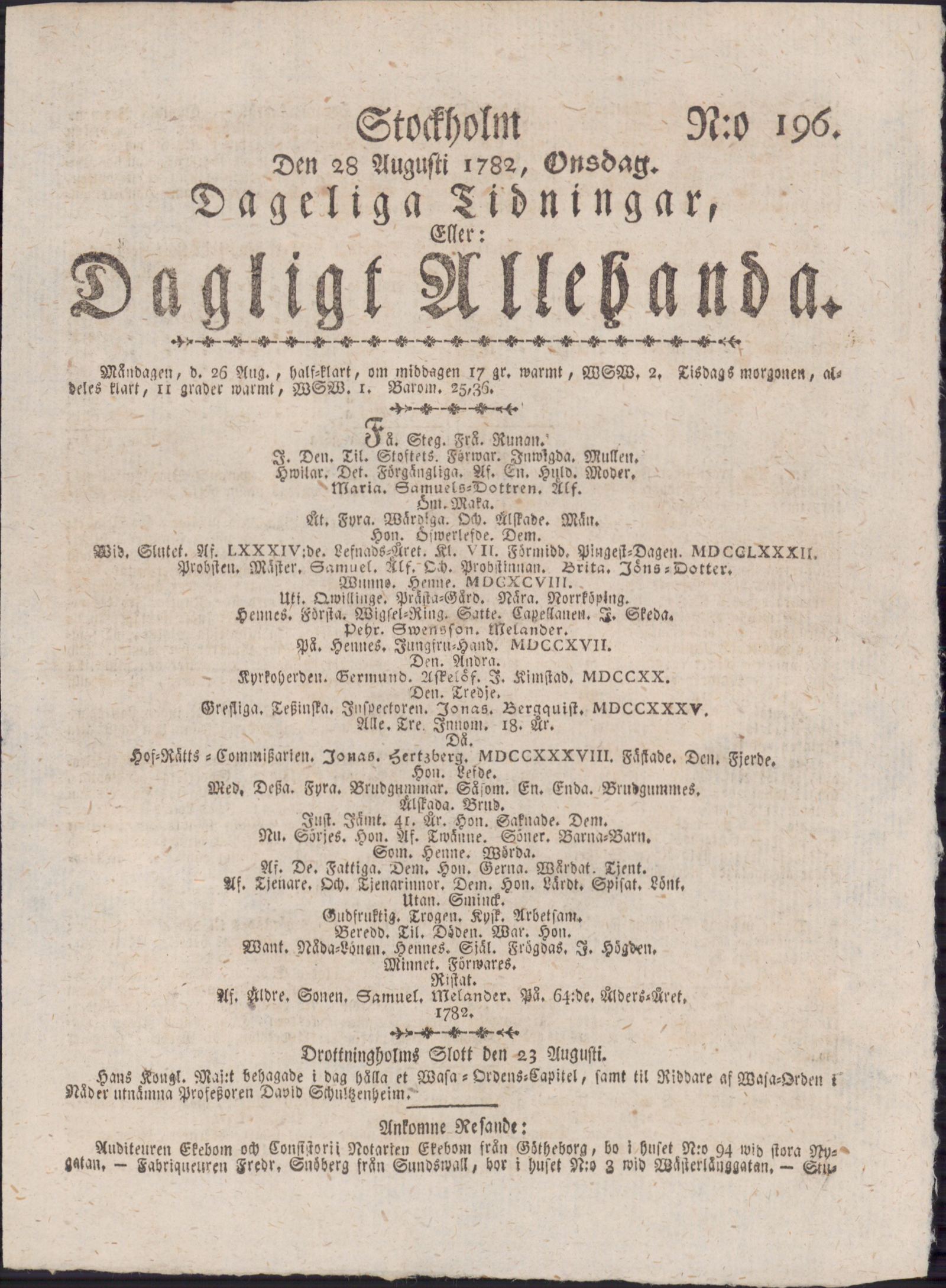 Tidningssida ur DAGLIGT ALLEHANDA, 1782-08-28