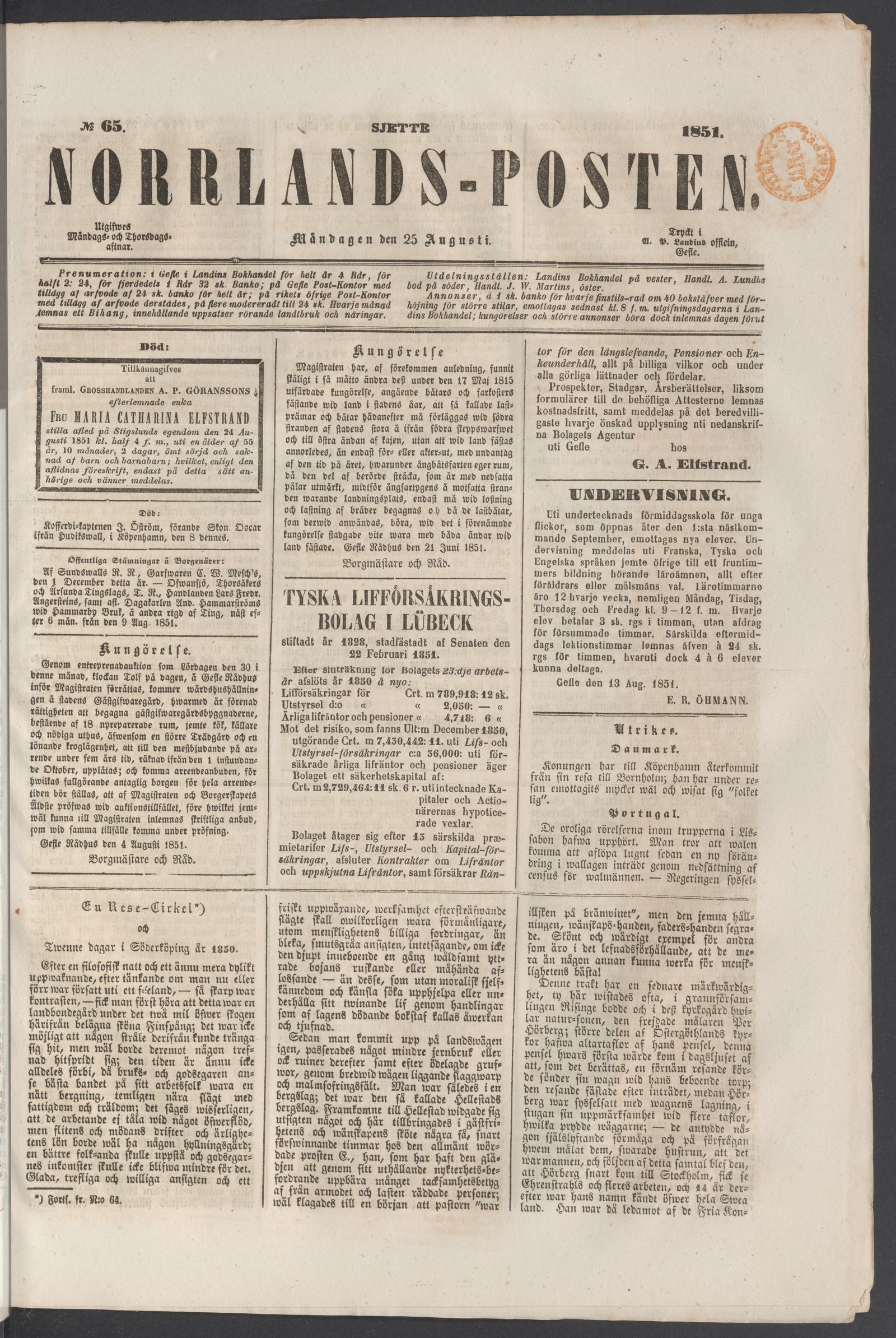 Tidningssida ur NORRLANDSPOSTEN, 1851-08-25