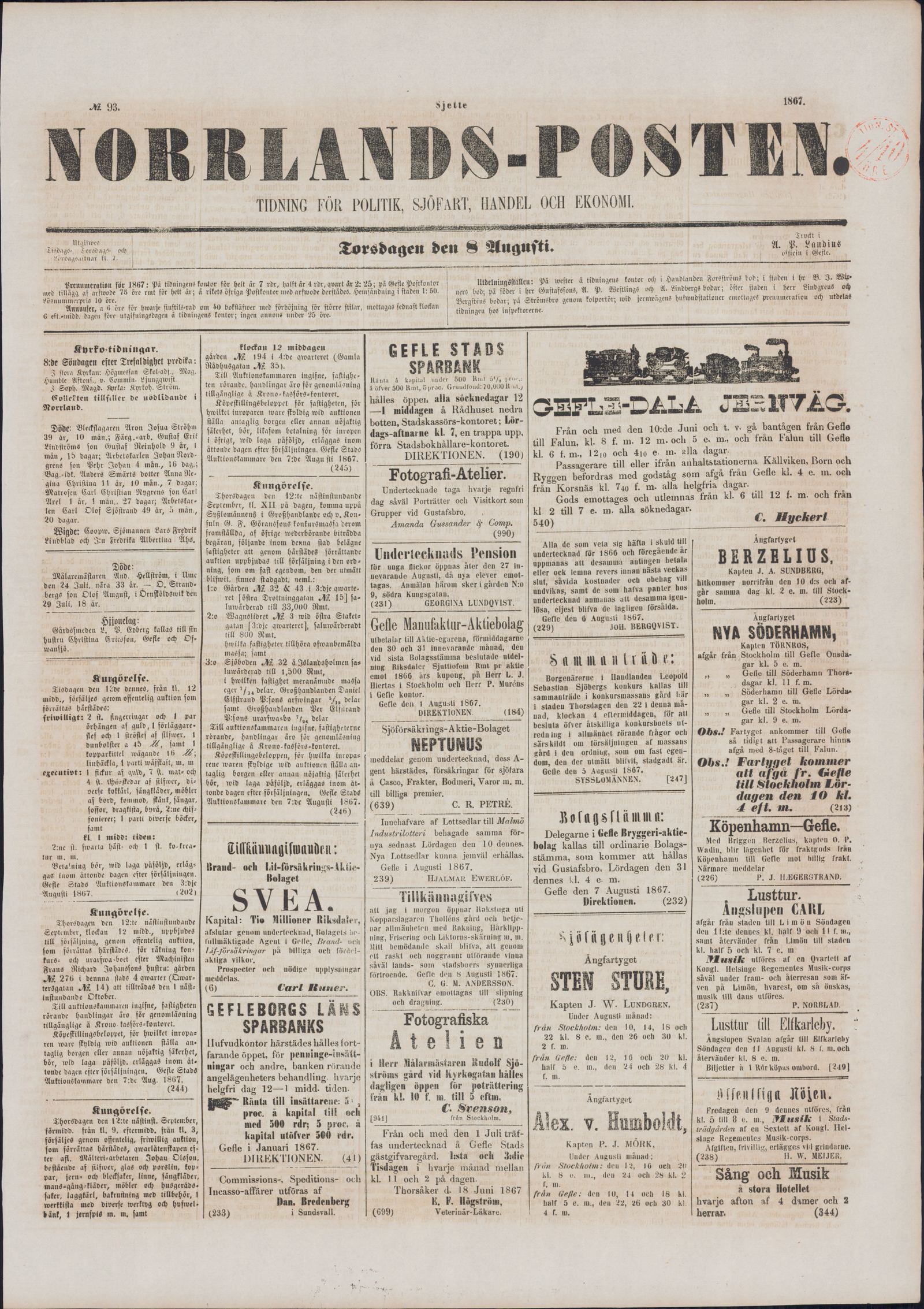 Tidningssida ur NORRLANDSPOSTEN, 1867-08-08