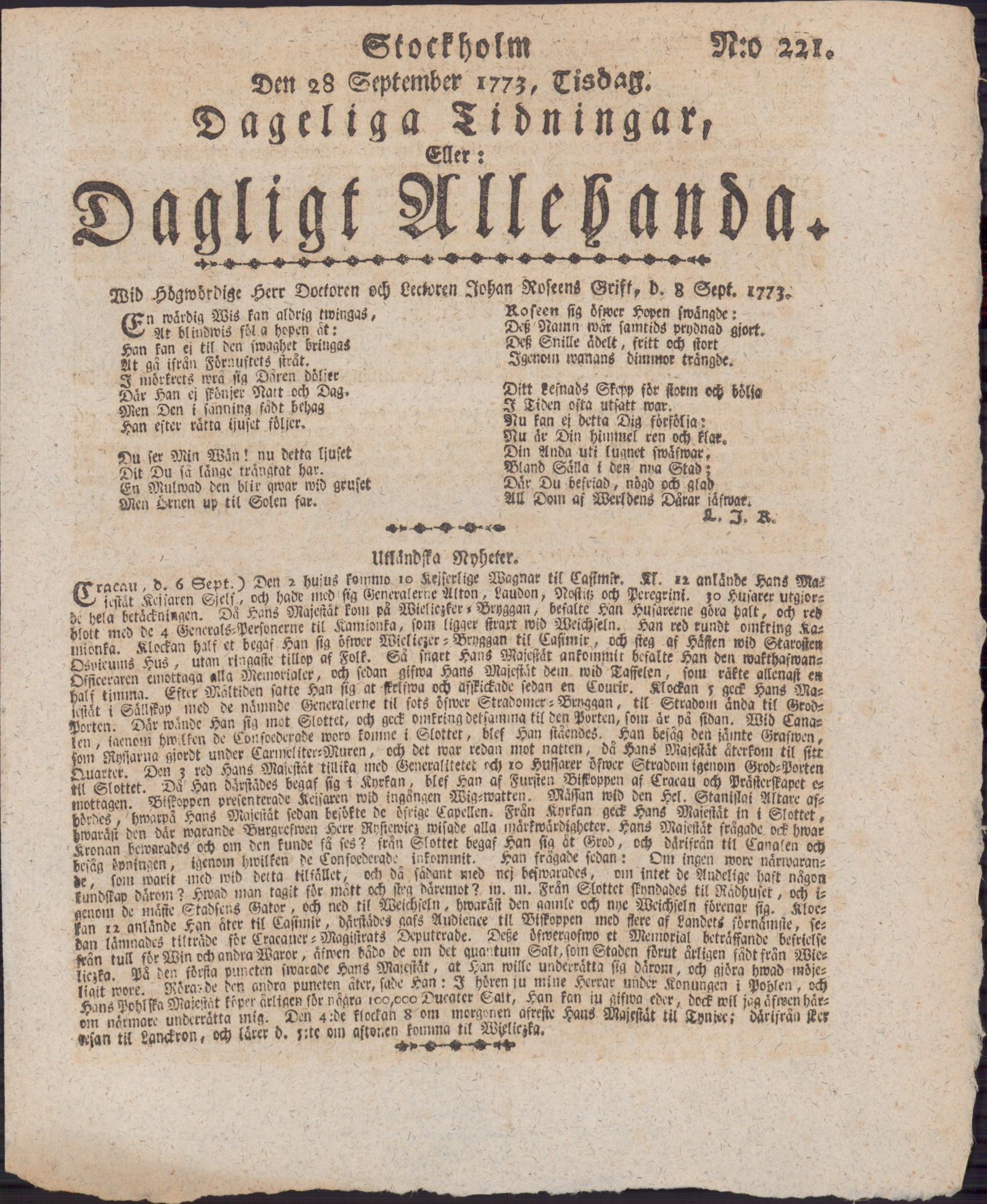 Tidningssida ur DAGLIGT ALLEHANDA, 1773-09-28