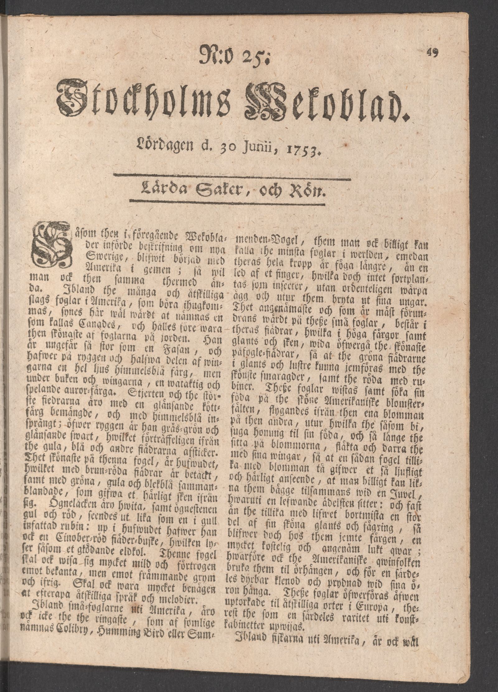 Tidningssida ur STOCKHOLMS WECKOBLAD, 1753-06-30