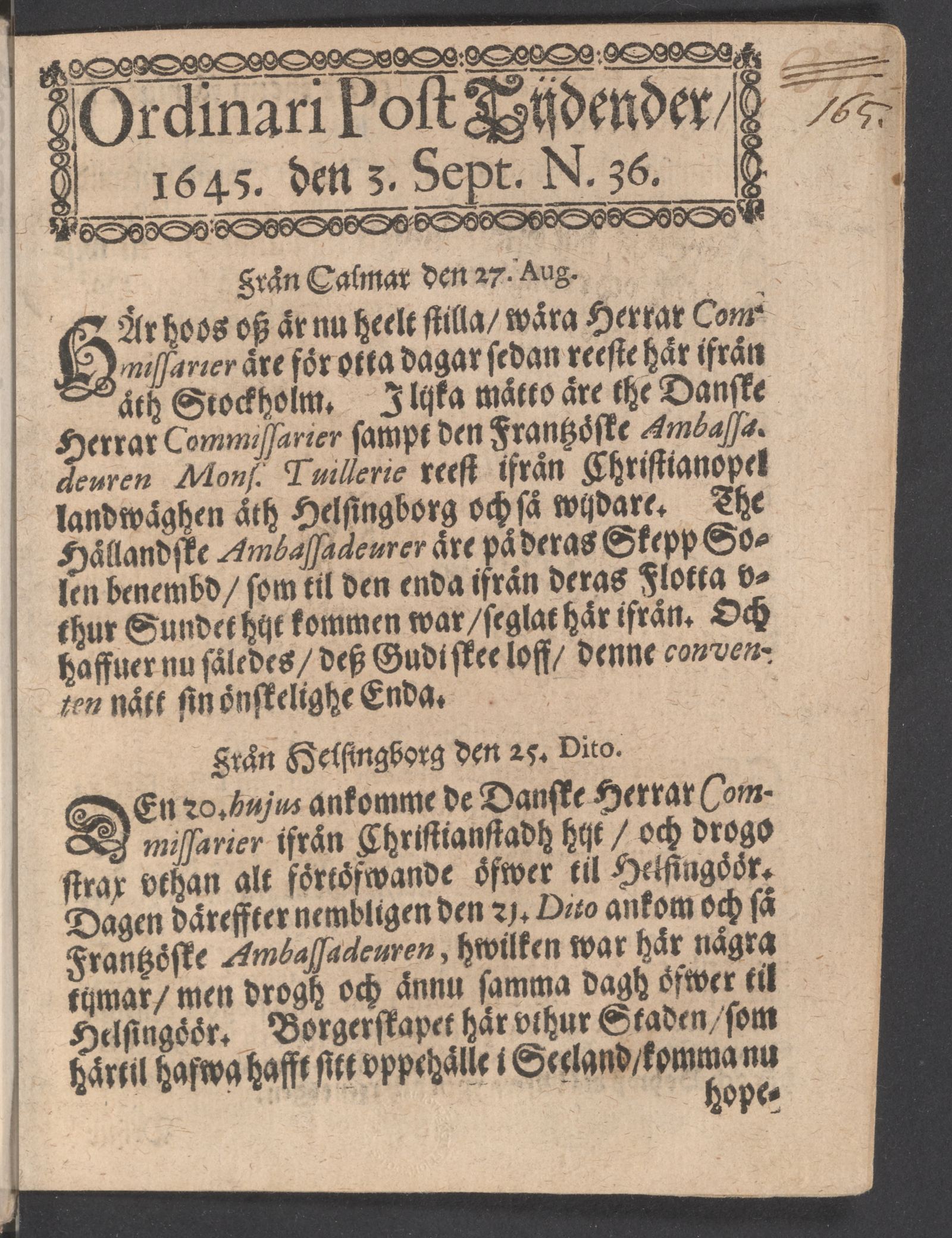 Tidningssida ur POSTTIDNINGAR, 1645-09-03