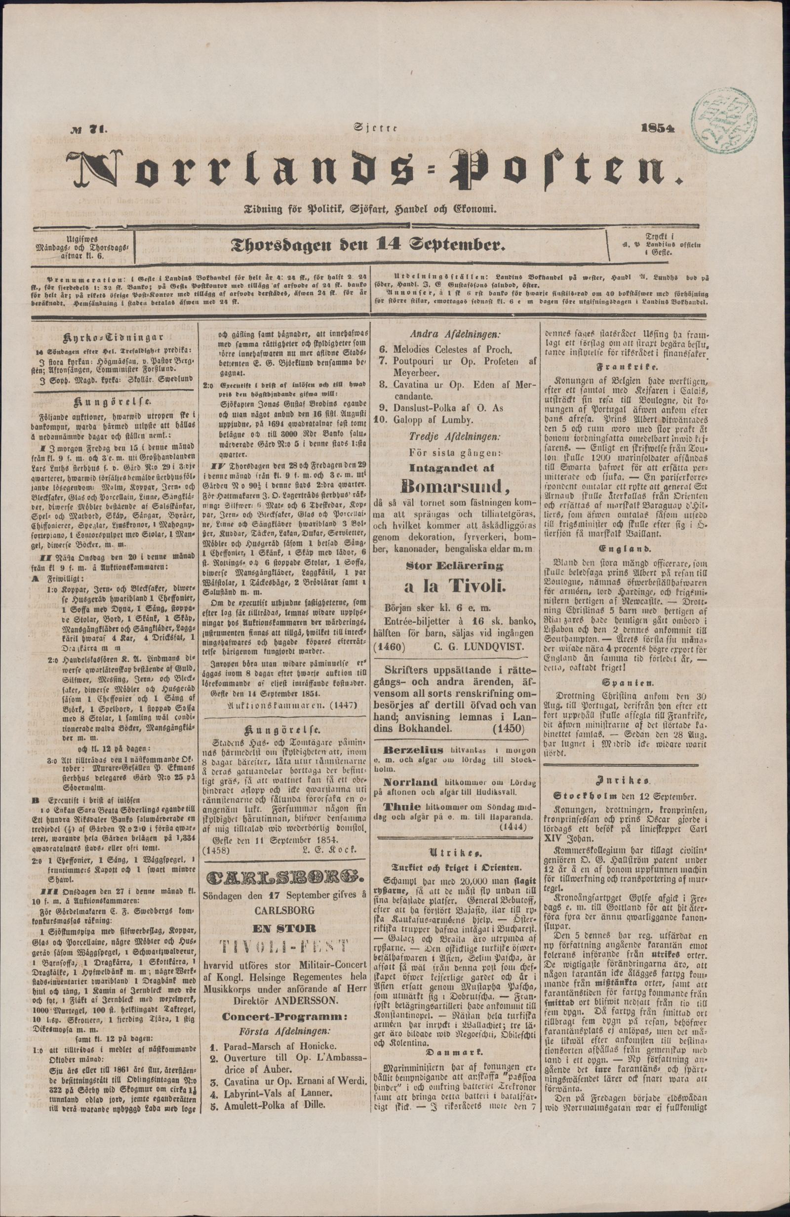 Tidningssida ur NORRLANDSPOSTEN, 1854-09-14
