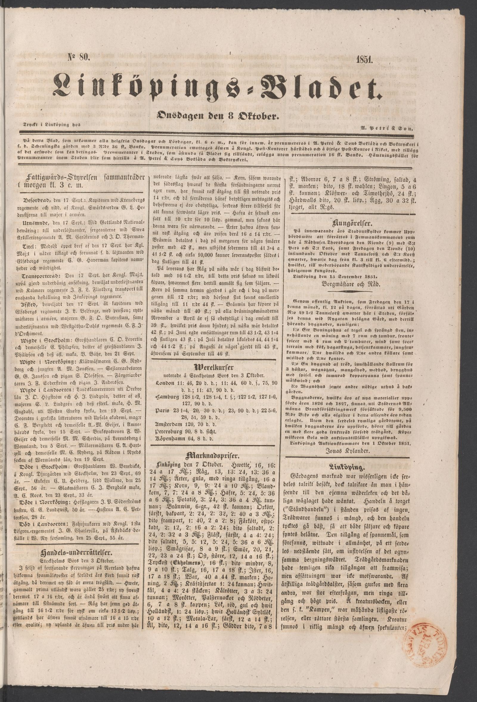 Tidningssida ur LINKÖPINGSBLADET, 1851-10-08