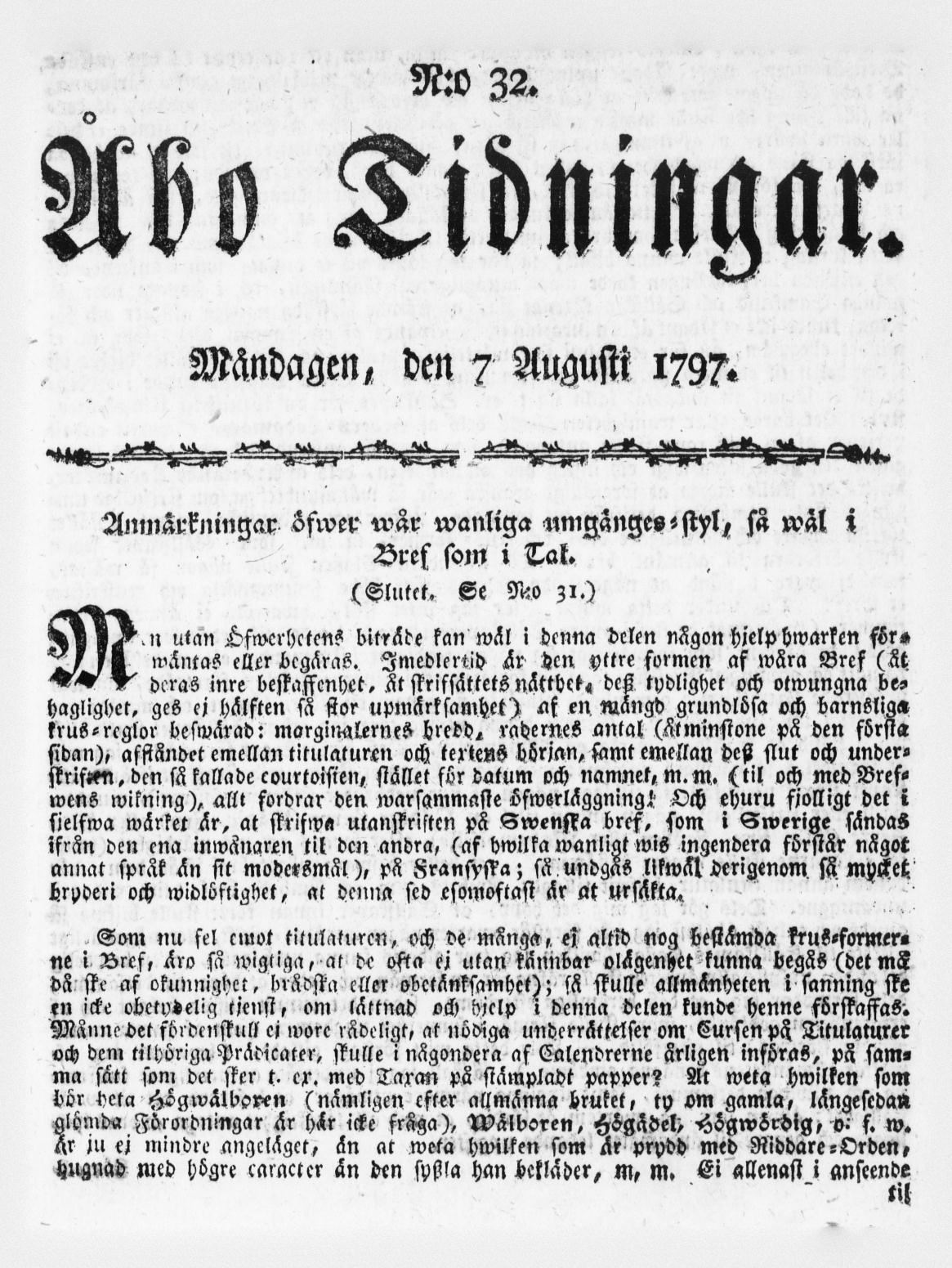 Tidningssida ur ÅBO TIDNINGAR, 1797-08-07