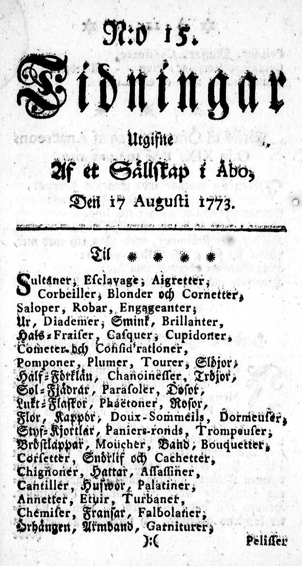 Tidningssida ur TIDNINGAR UTGIFNE AF ET SÄLLSKAP I ÅBO, 1773-08-17