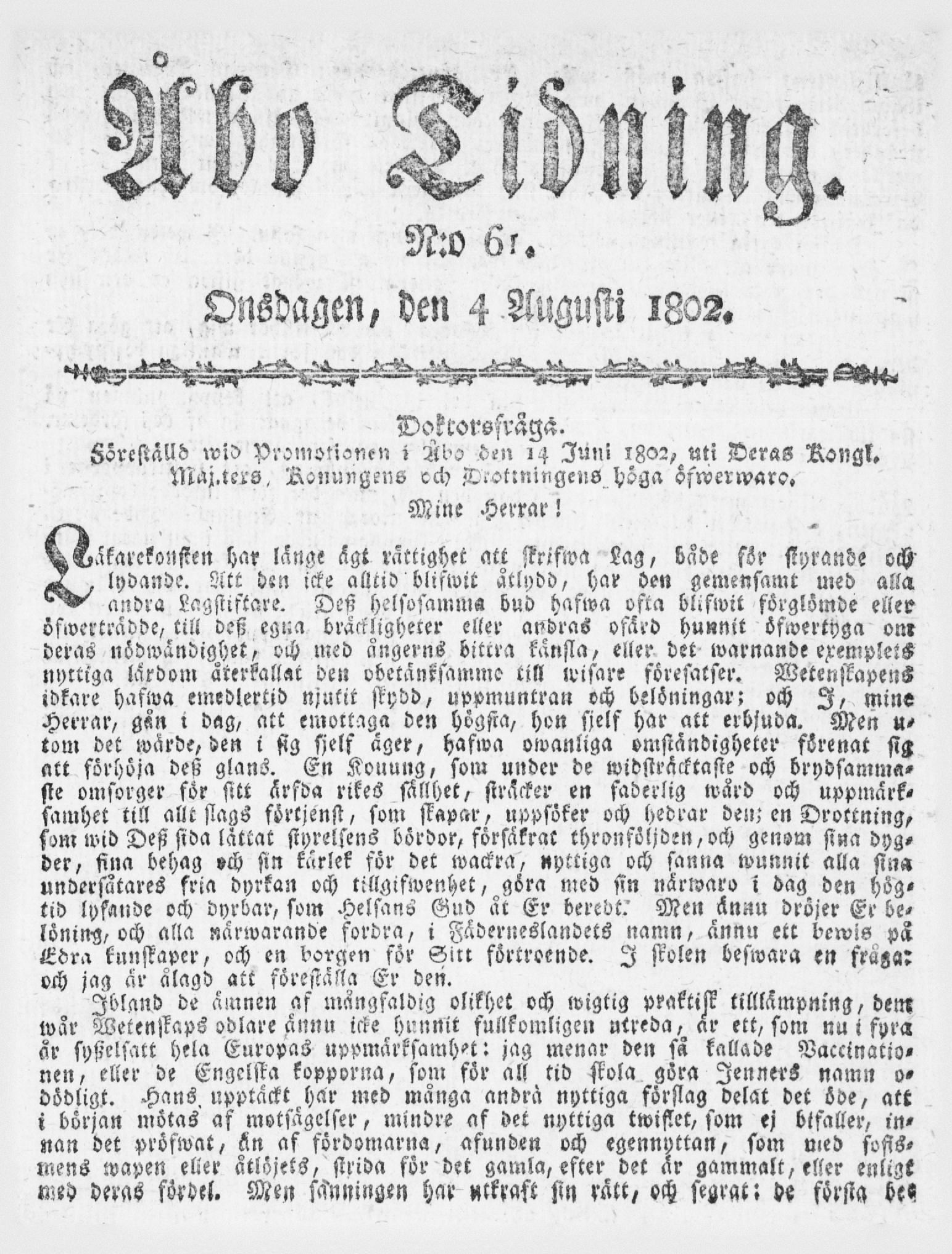 Tidningssida ur ÅBO TIDNING, 1802-08-04