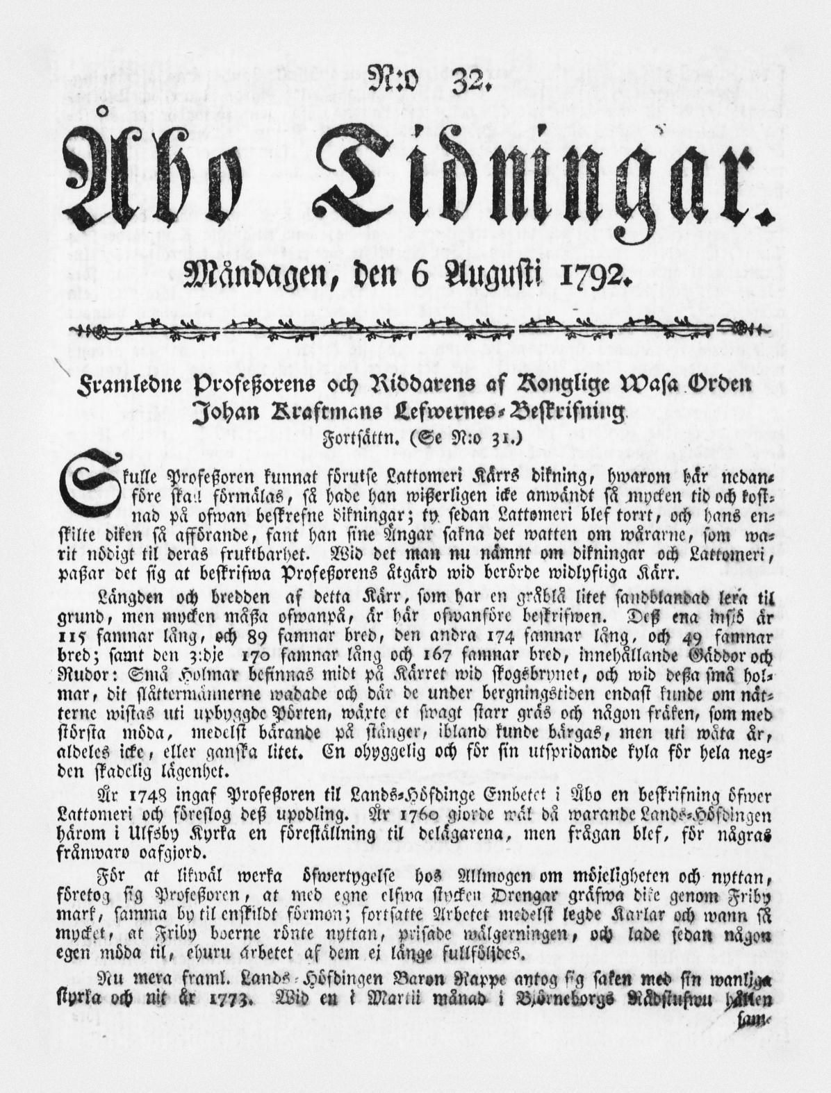 Tidningssida ur ÅBO TIDNINGAR, 1792-08-06