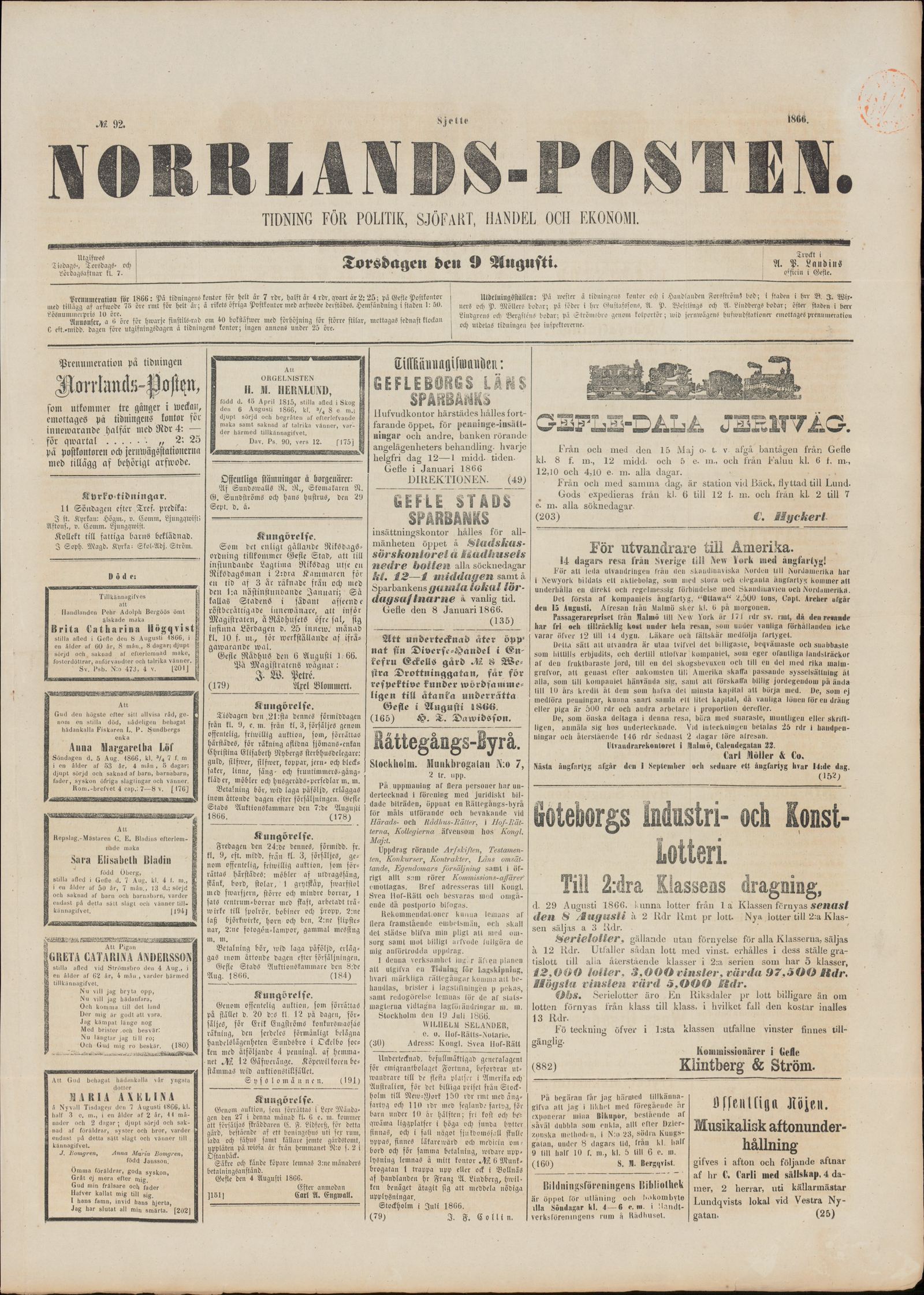 Tidningssida ur NORRLANDSPOSTEN, 1866-08-09