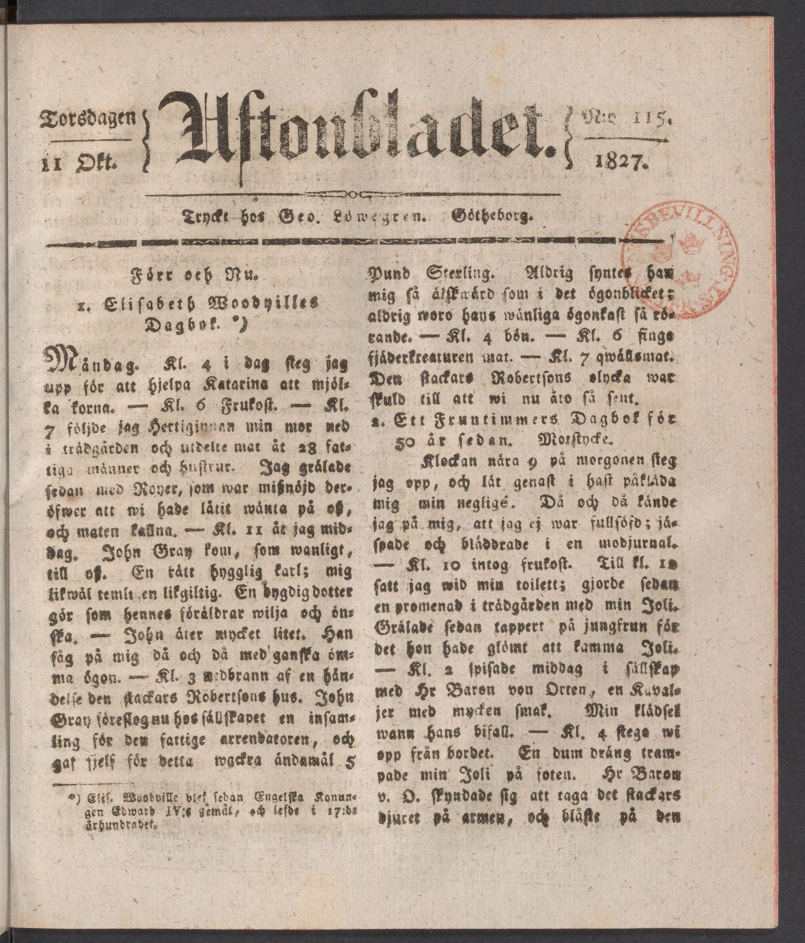 Tidningssida ur AFTONBLADET, 1827-10-11