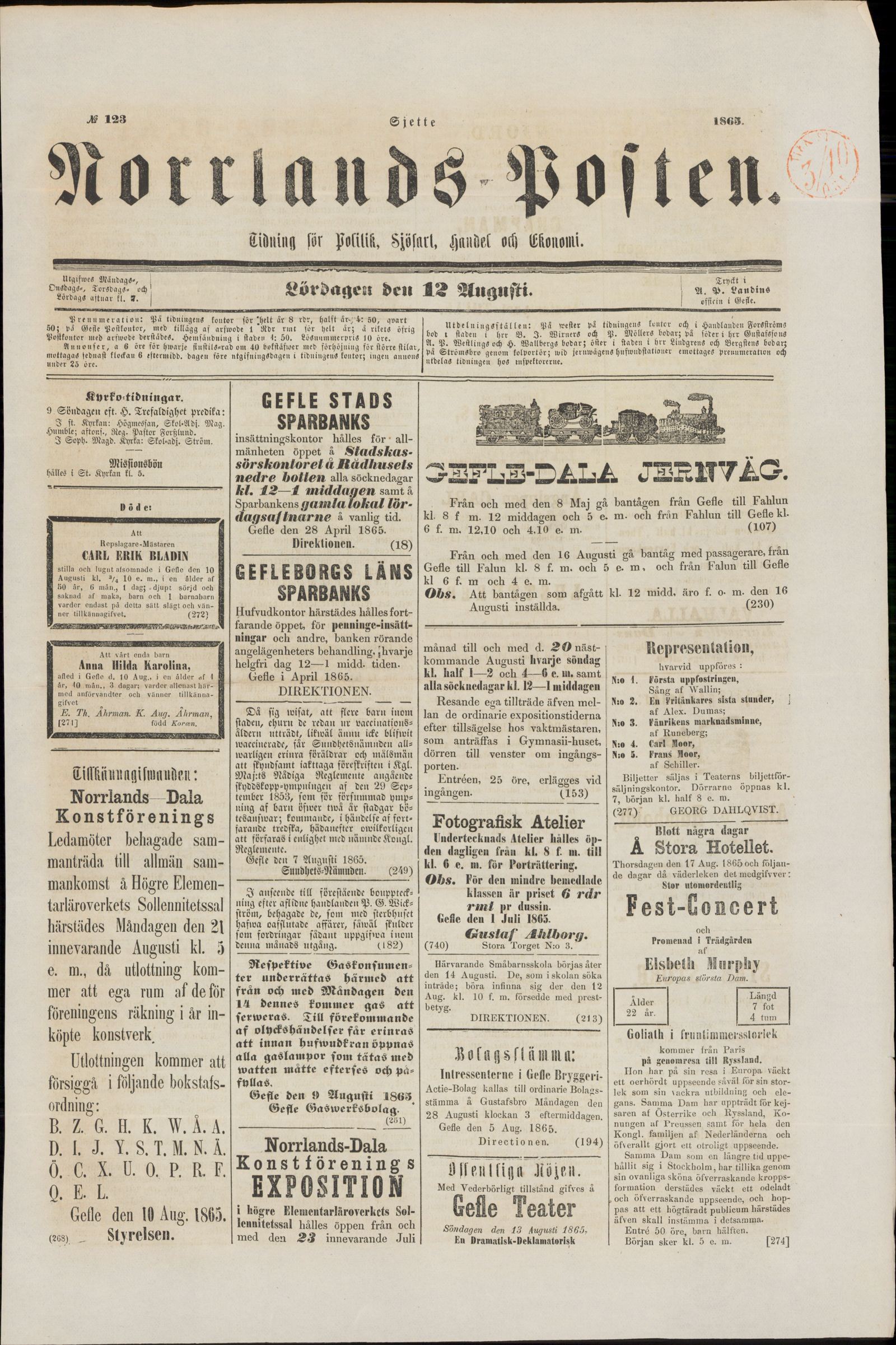 Tidningssida ur NORRLANDSPOSTEN, 1865-08-12