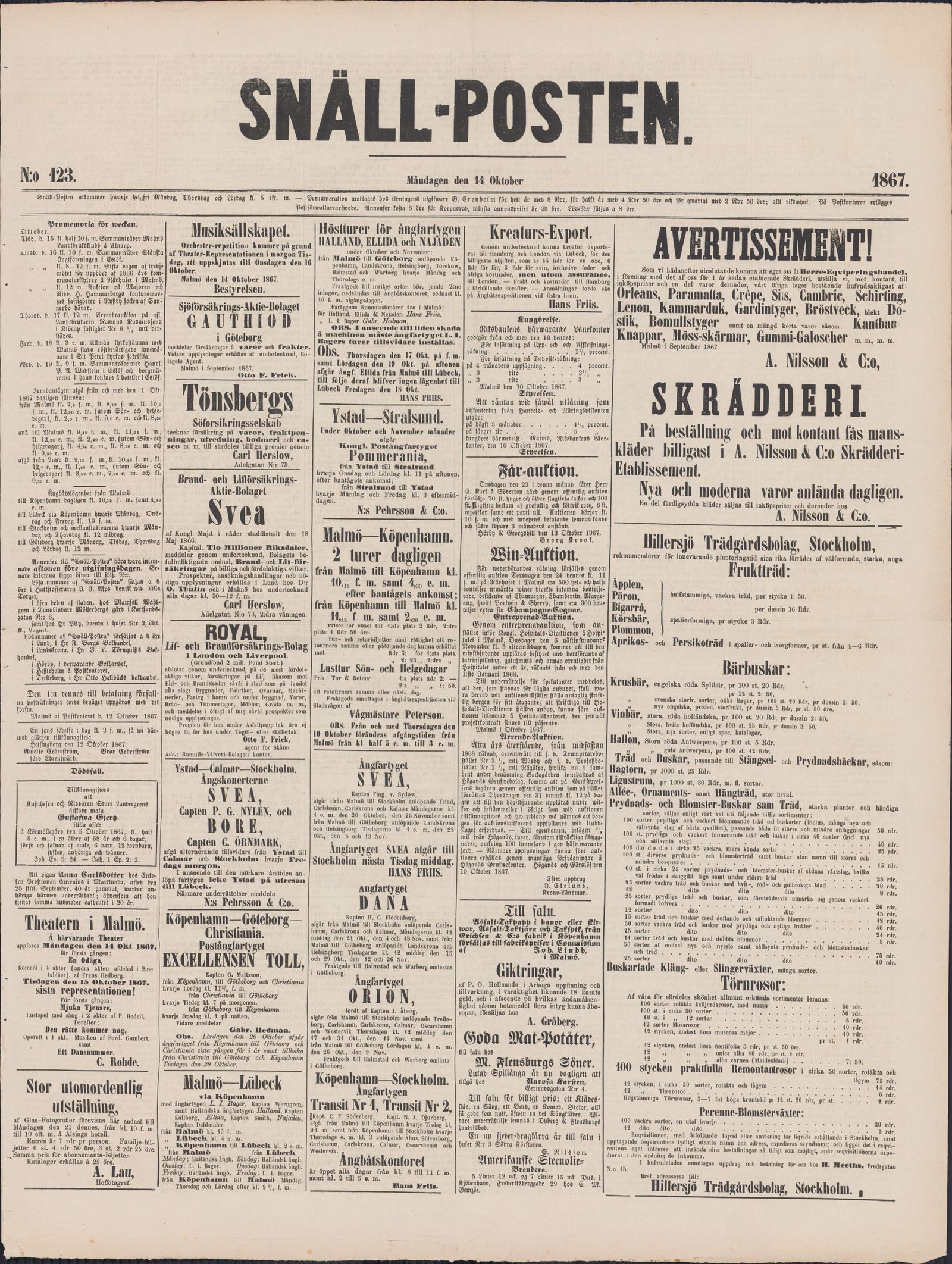 Tidningssida ur SNÄLLPOSTEN, 1867-10-14