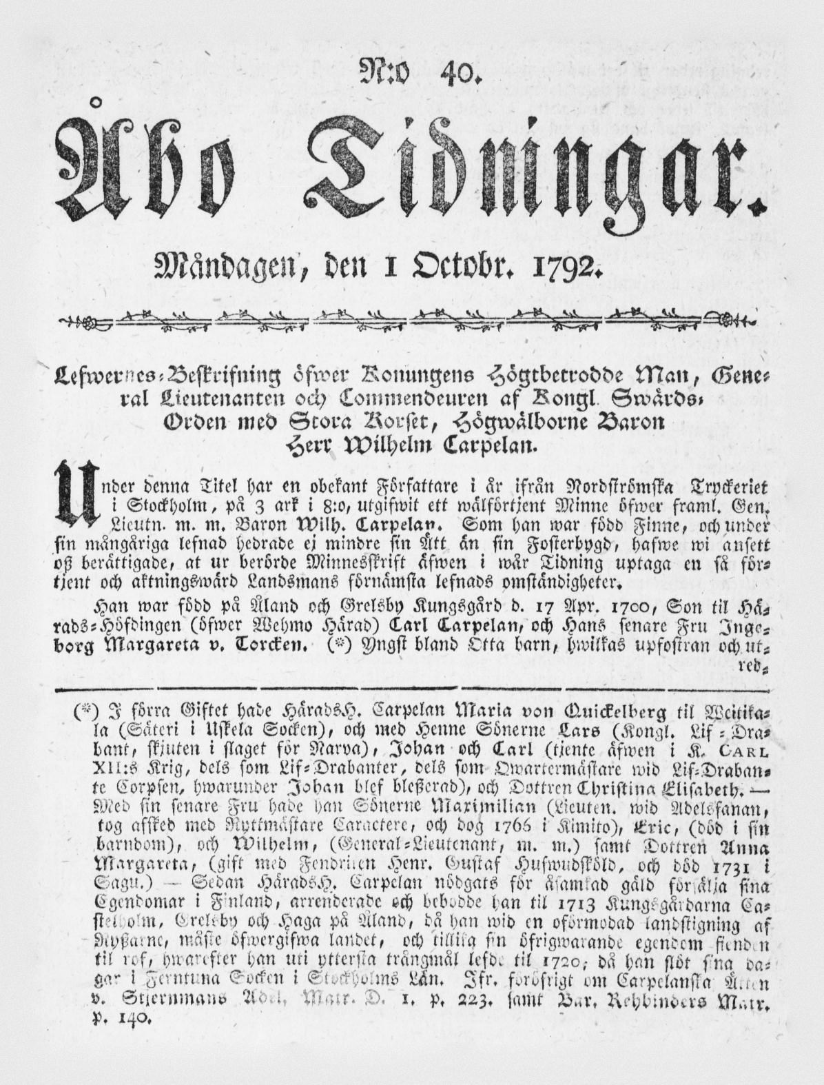 Tidningssida ur ÅBO TIDNINGAR, 1792-10-01