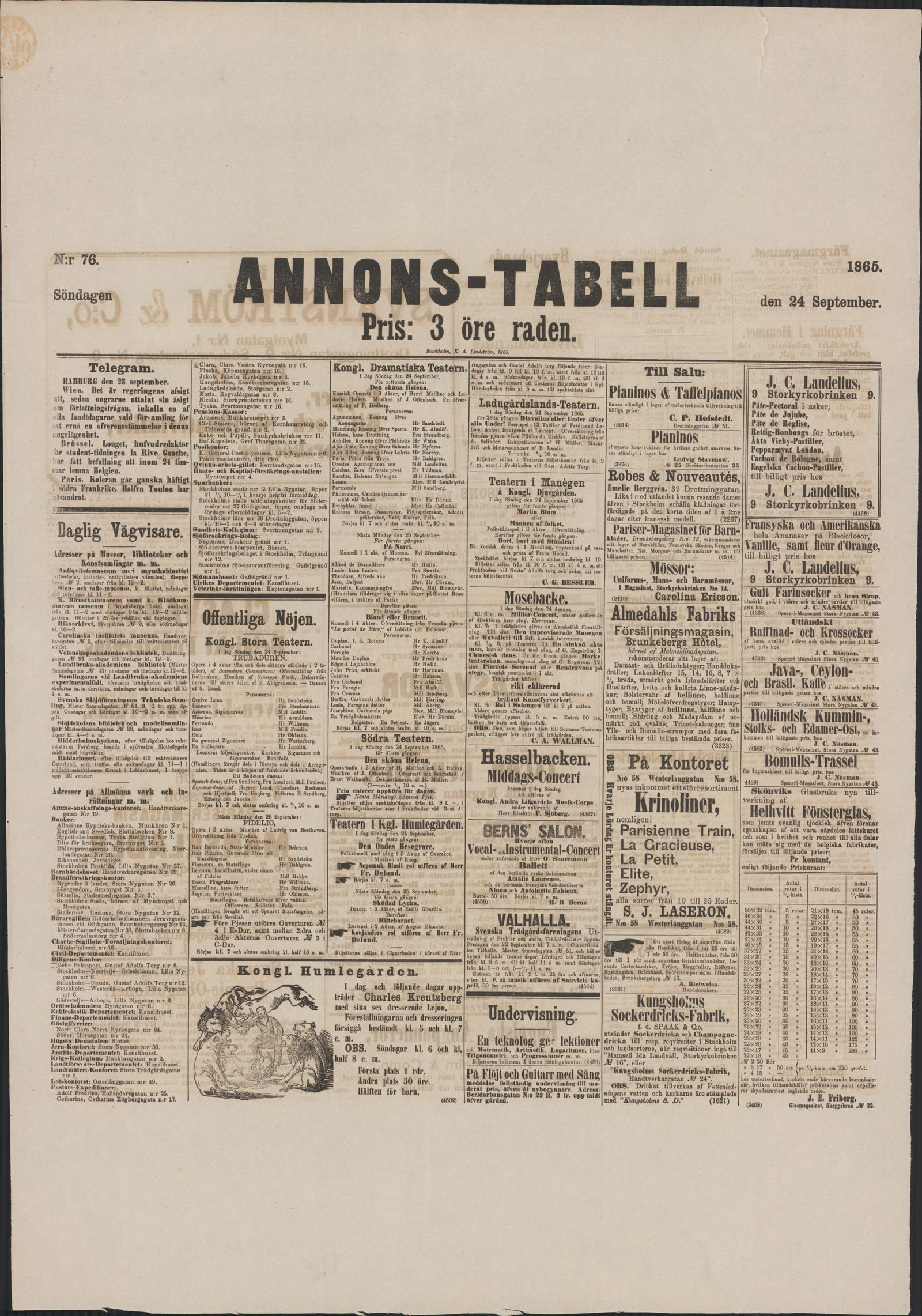 Tidningssida ur ANNONSTABELL, 1865-09-24