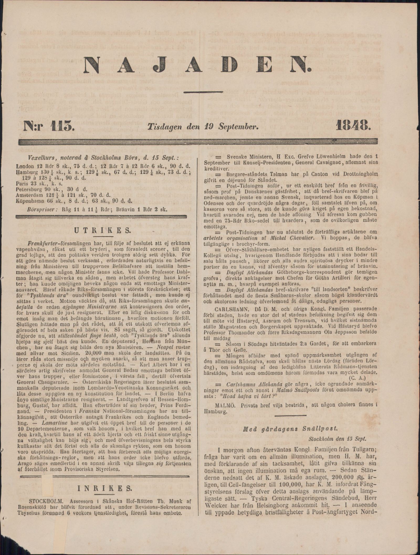 Tidningssida ur NAJADEN, 1848-09-19