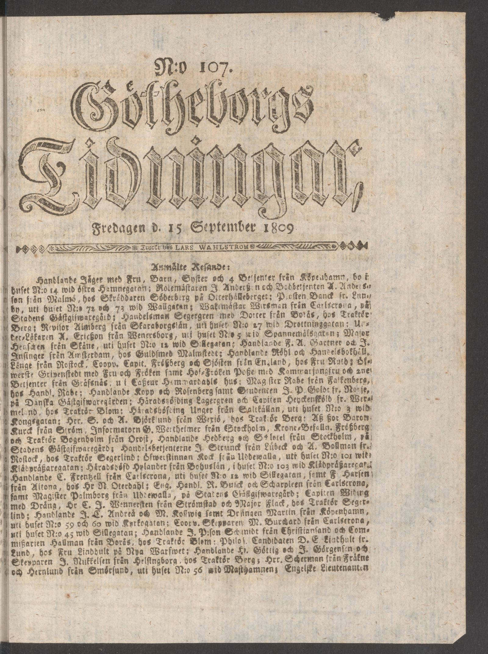 Tidningssida ur GÖTHEBORGS TIDNINGAR, 1809-09-15
