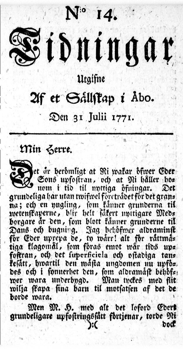 Tidningssida ur TIDNINGAR UTGIFNE AF ET SÄLLSKAP I ÅBO, 1771-07-31