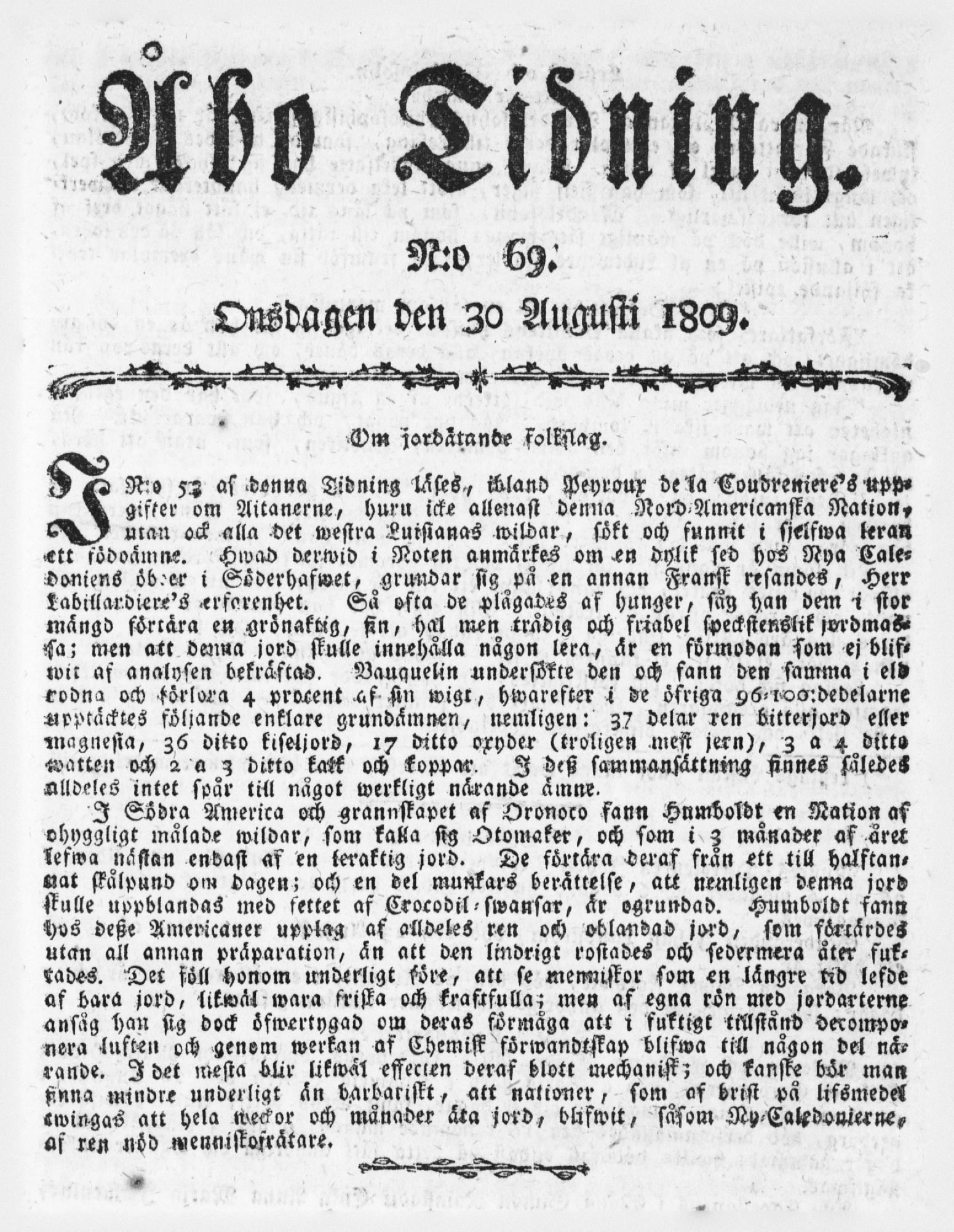 Tidningssida ur ÅBO TIDNING, 1809-08-30