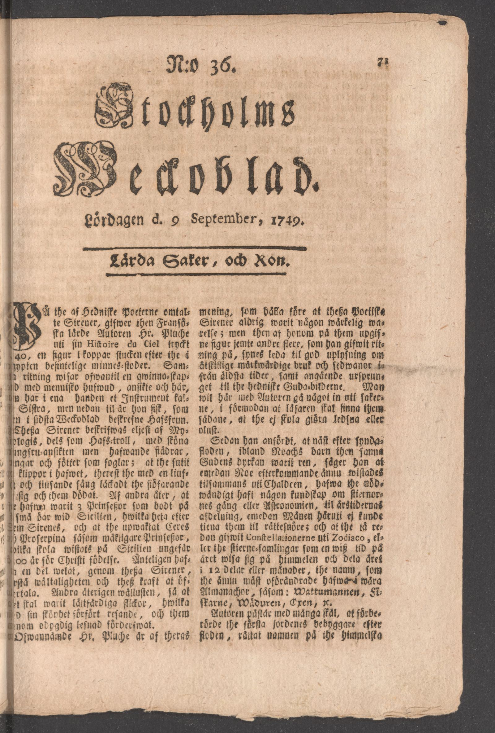 Tidningssida ur STOCKHOLMS WECKOBLAD, 1749-09-09