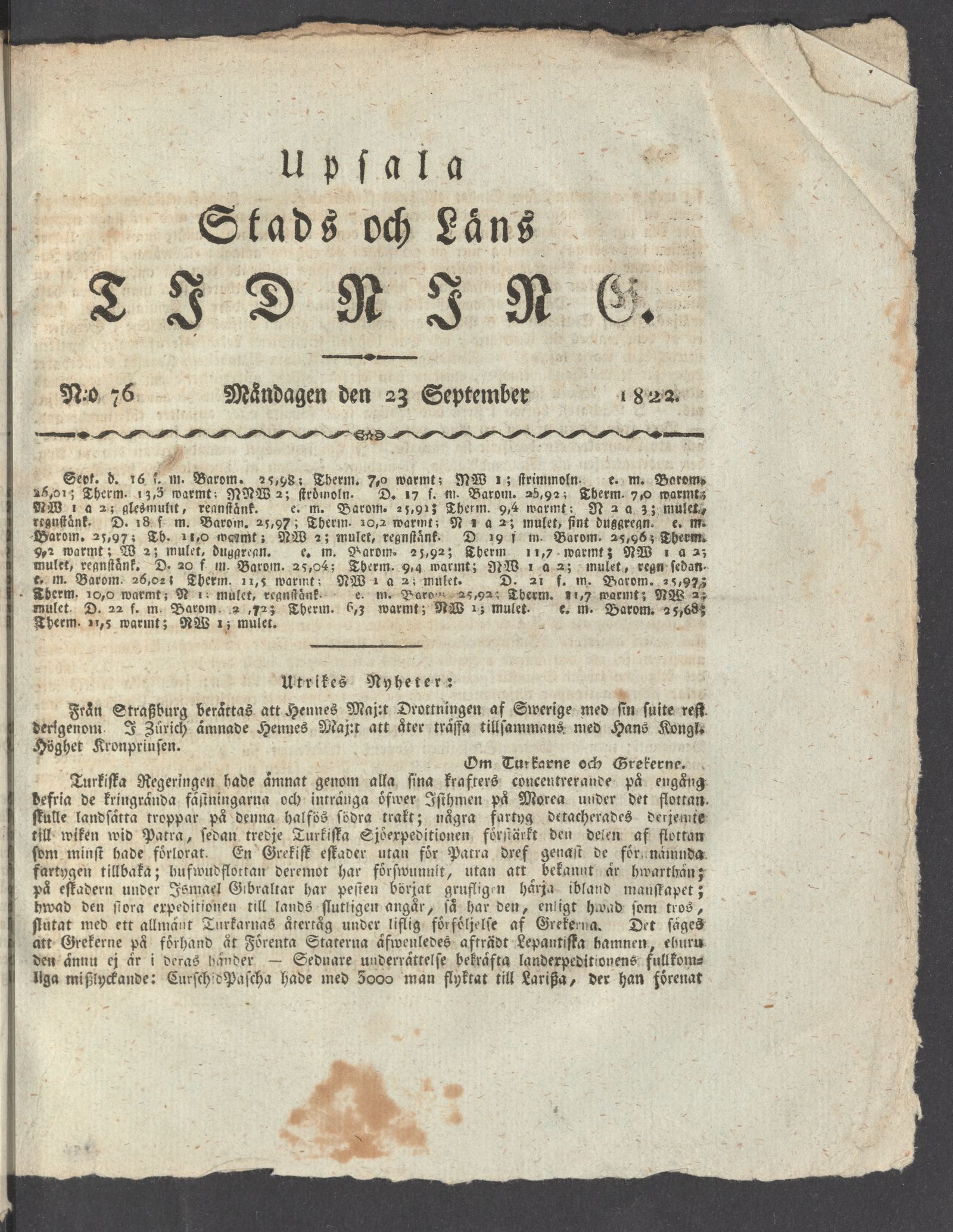 Tidningssida ur UPSALA STADS OCH LÄNSTIDNING, 1822-09-23