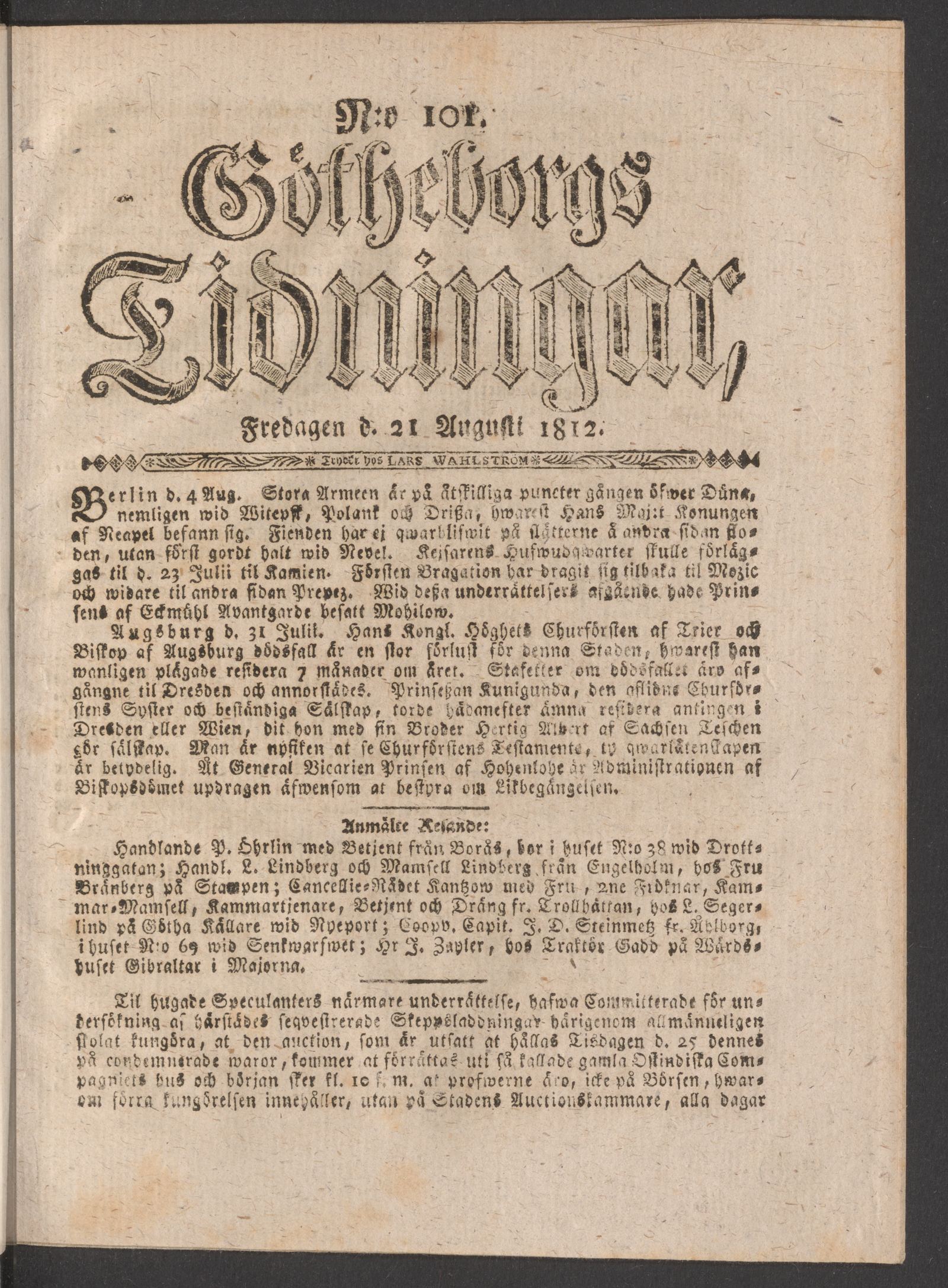 Tidningssida ur GÖTHEBORGS TIDNINGAR, 1812-08-21