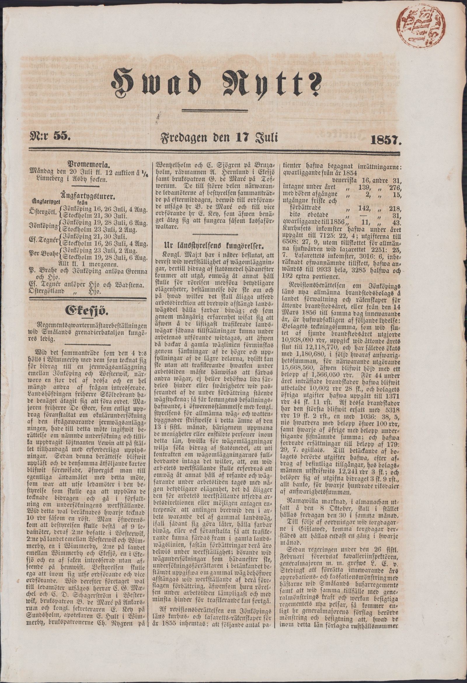 Tidningssida ur HVAD NYTT?, 1857-07-17