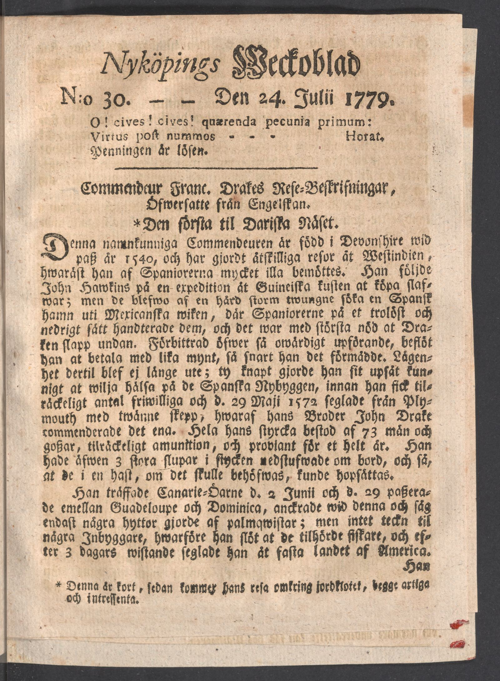 Tidningssida ur NYKÖPINGS WECKOBLAD, 1779-07-24