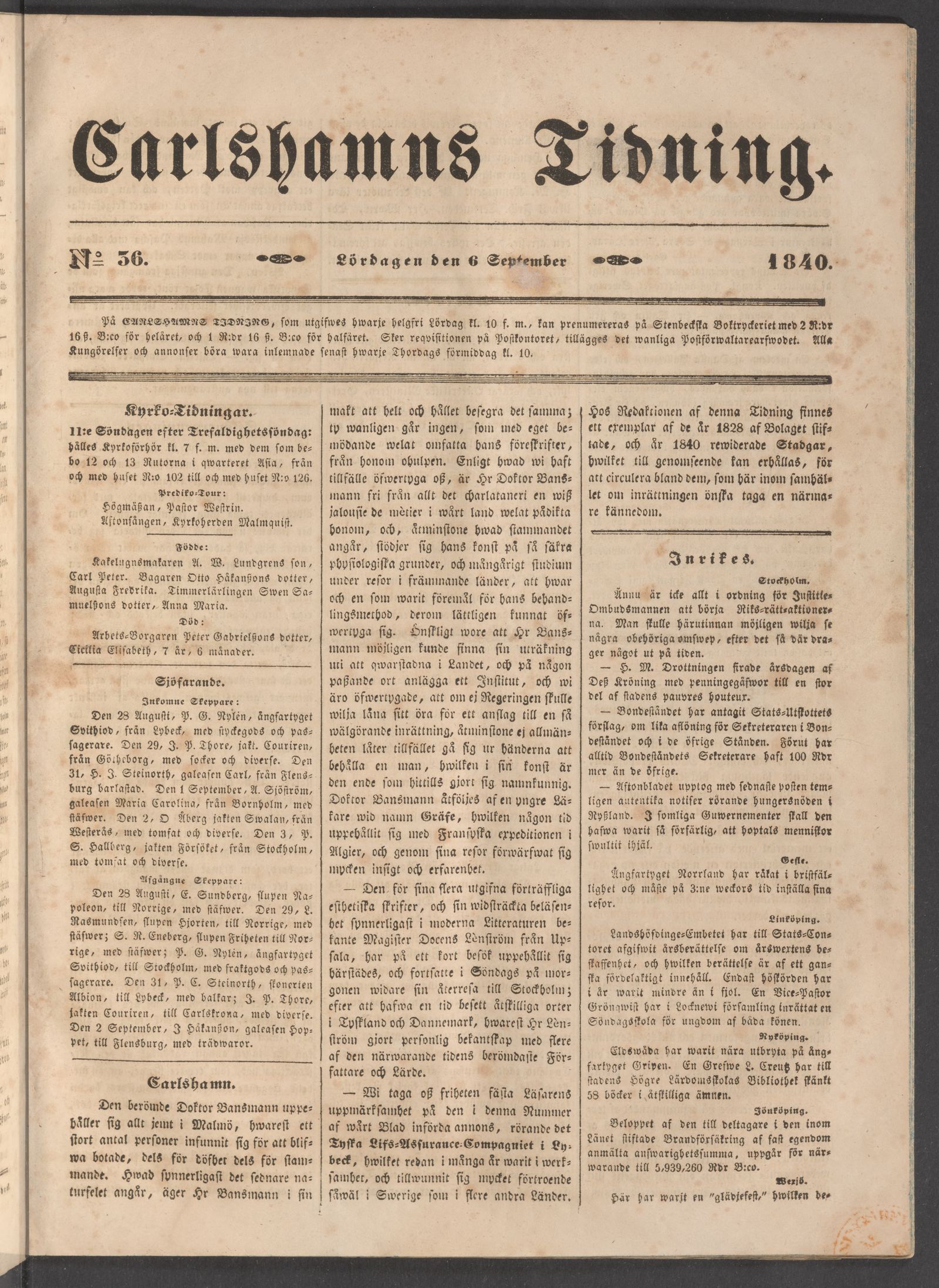 Tidningssida ur CARLSHAMNS TIDNING, 1840-09-06