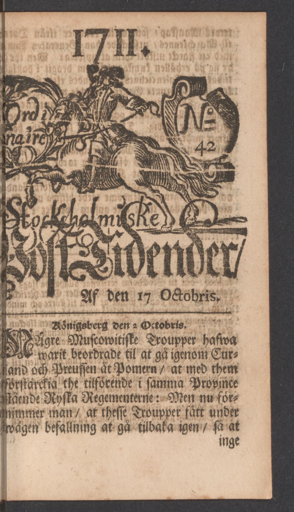 Tidningssida ur POSTTIDNINGAR, 1711-10-17