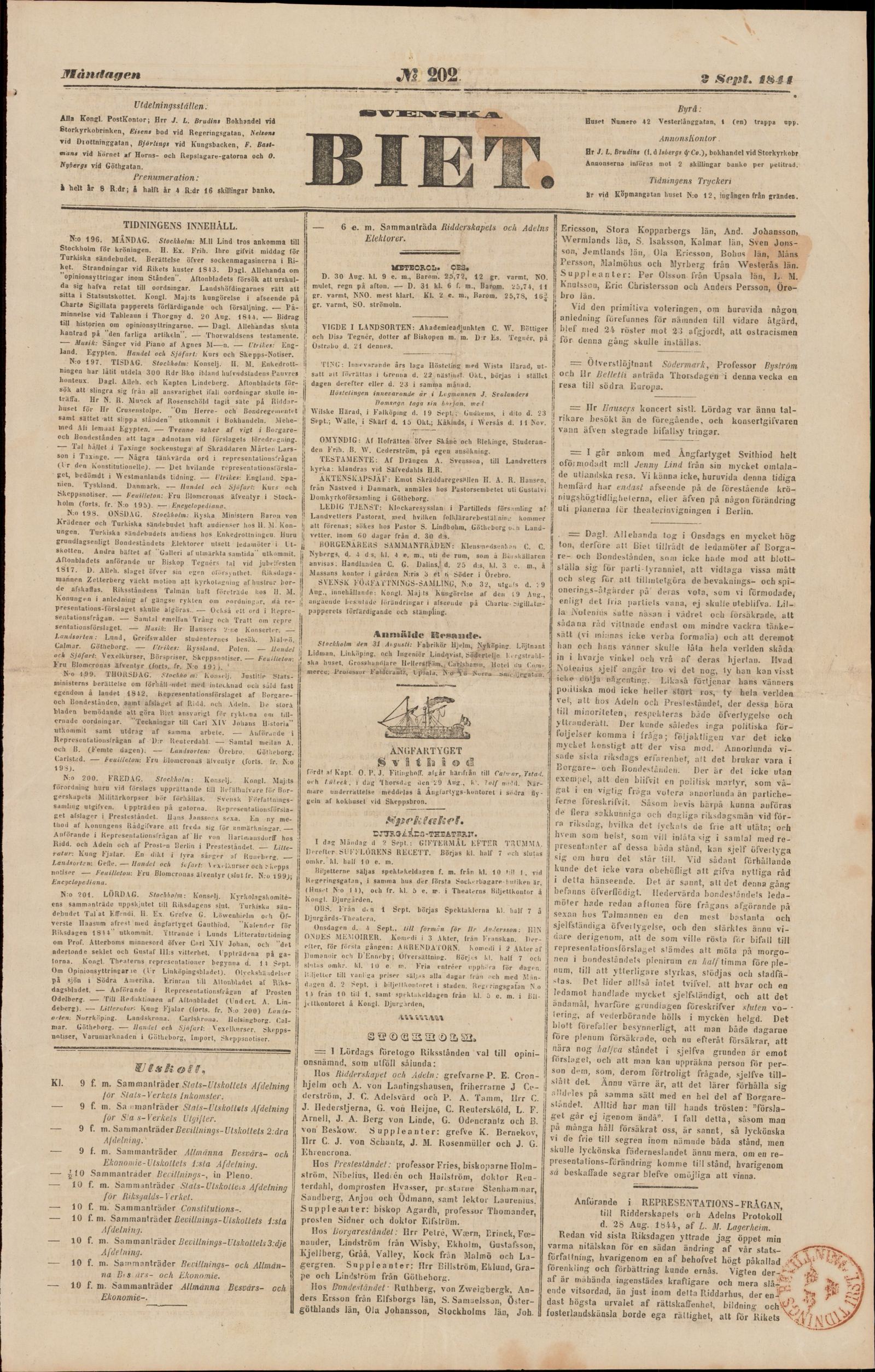 Tidningssida ur SVENSKA BIET, 1844-09-02