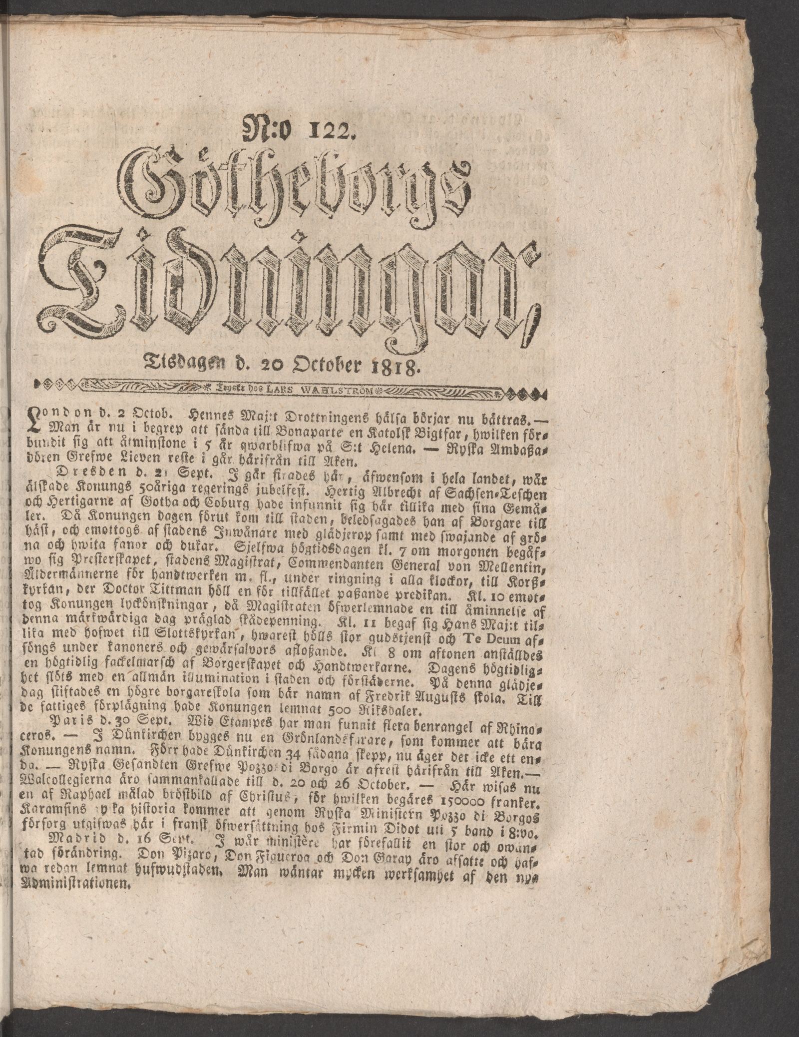 Tidningssida ur GÖTHEBORGS TIDNINGAR, 1818-10-20