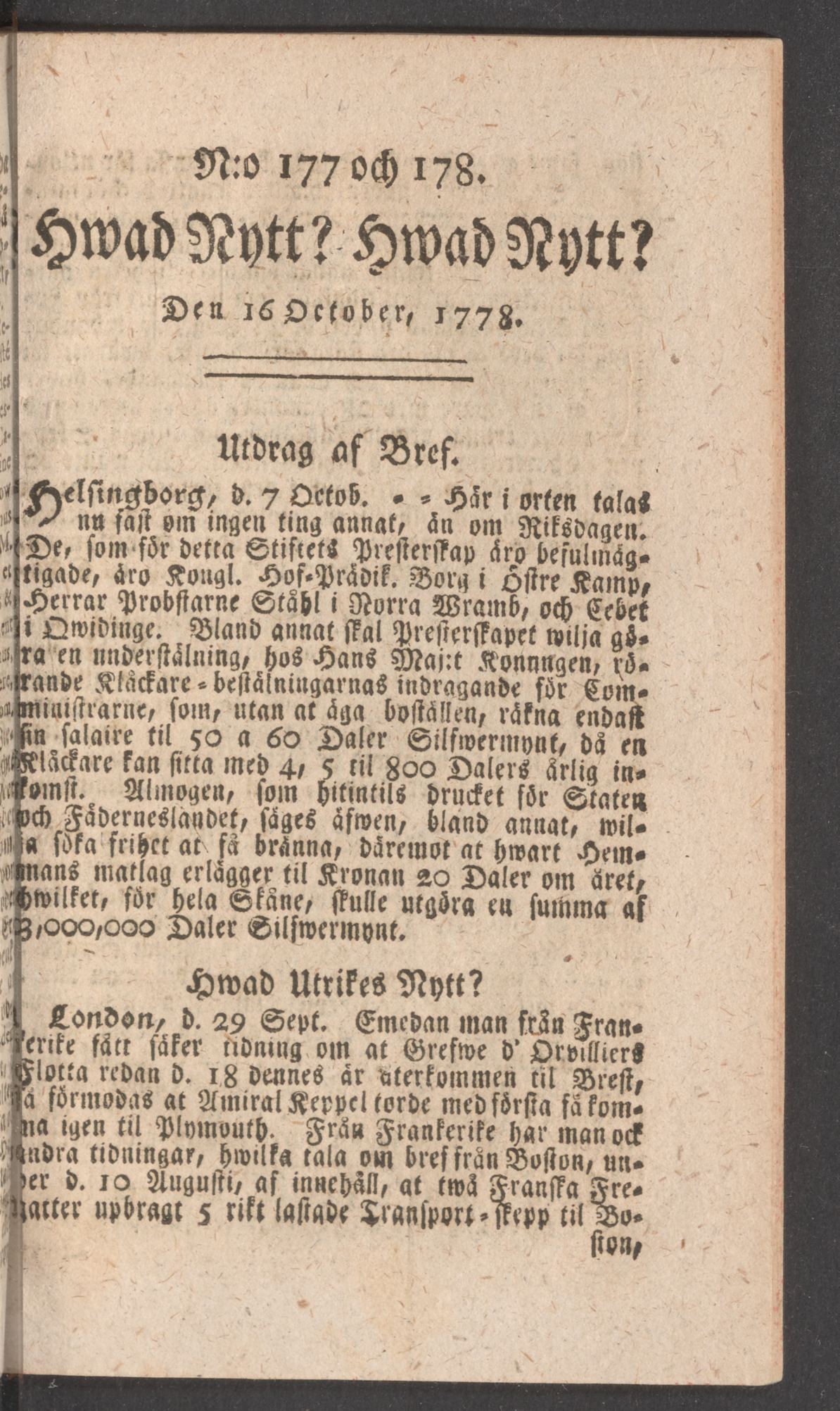 Tidningssida ur HWAD NYTT?, 1778-10-16