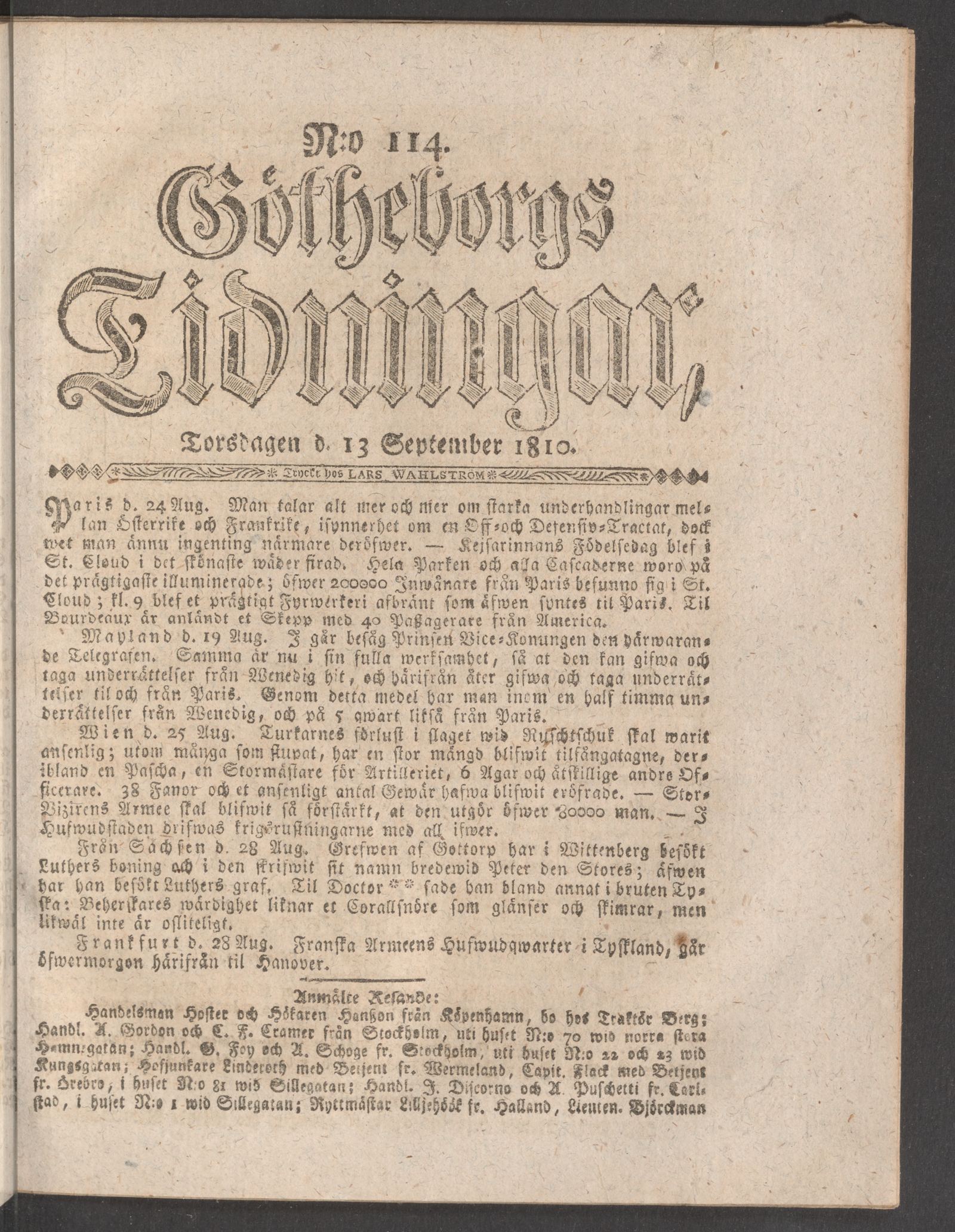 Tidningssida ur GÖTHEBORGS TIDNINGAR, 1810-09-13