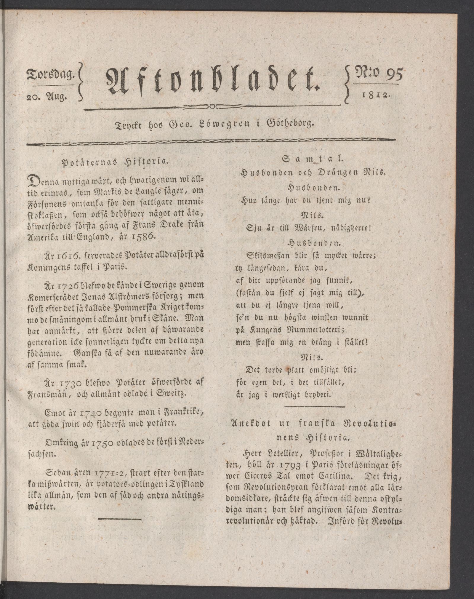 Tidningssida ur AFTONBLADET, 1812-08-20