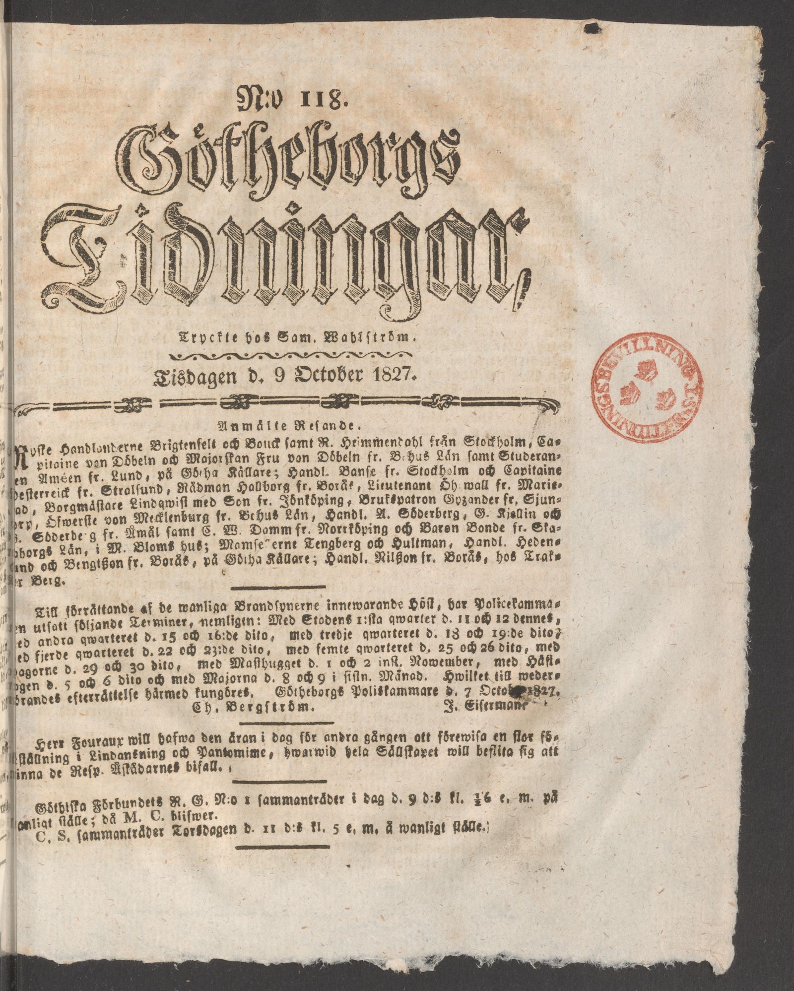 Tidningssida ur GÖTHEBORGS TIDNINGAR, 1827-10-09