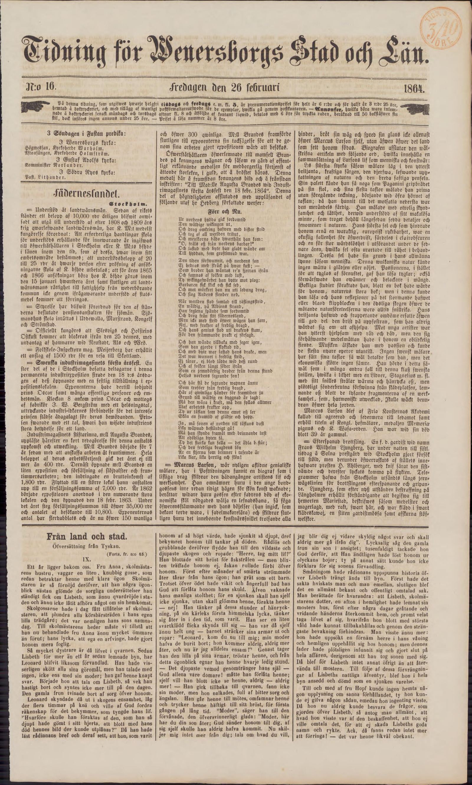 Tidningssida ur Tidning För Wenersborgs Stad Och Län, 1864-02-26