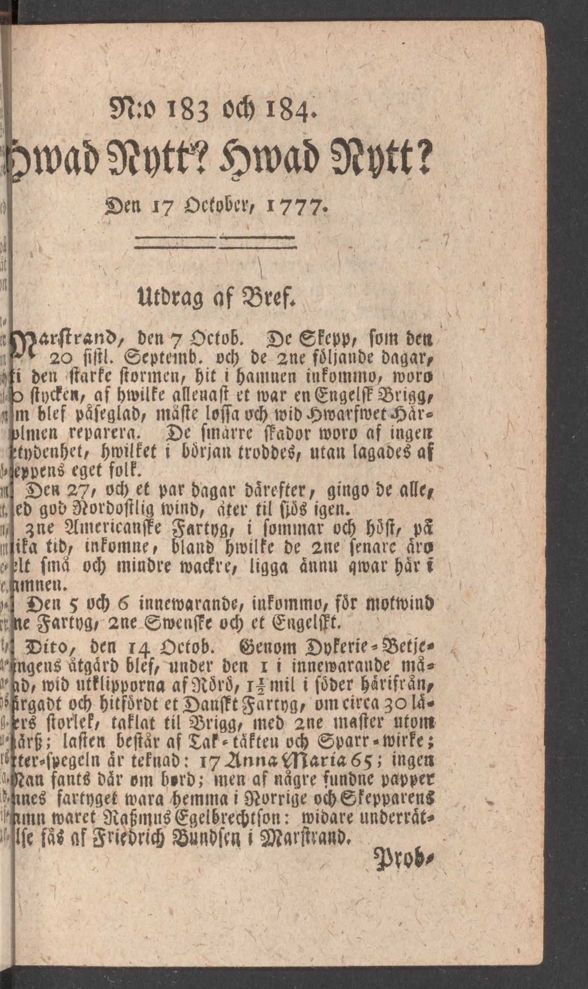 Tidningssida ur HWAD NYTT?, 1777-10-17