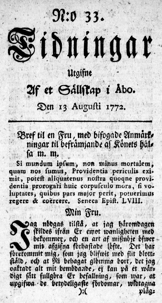 Tidningssida ur TIDNINGAR UTGIFNE AF ET SÄLLSKAP I ÅBO, 1772-08-13